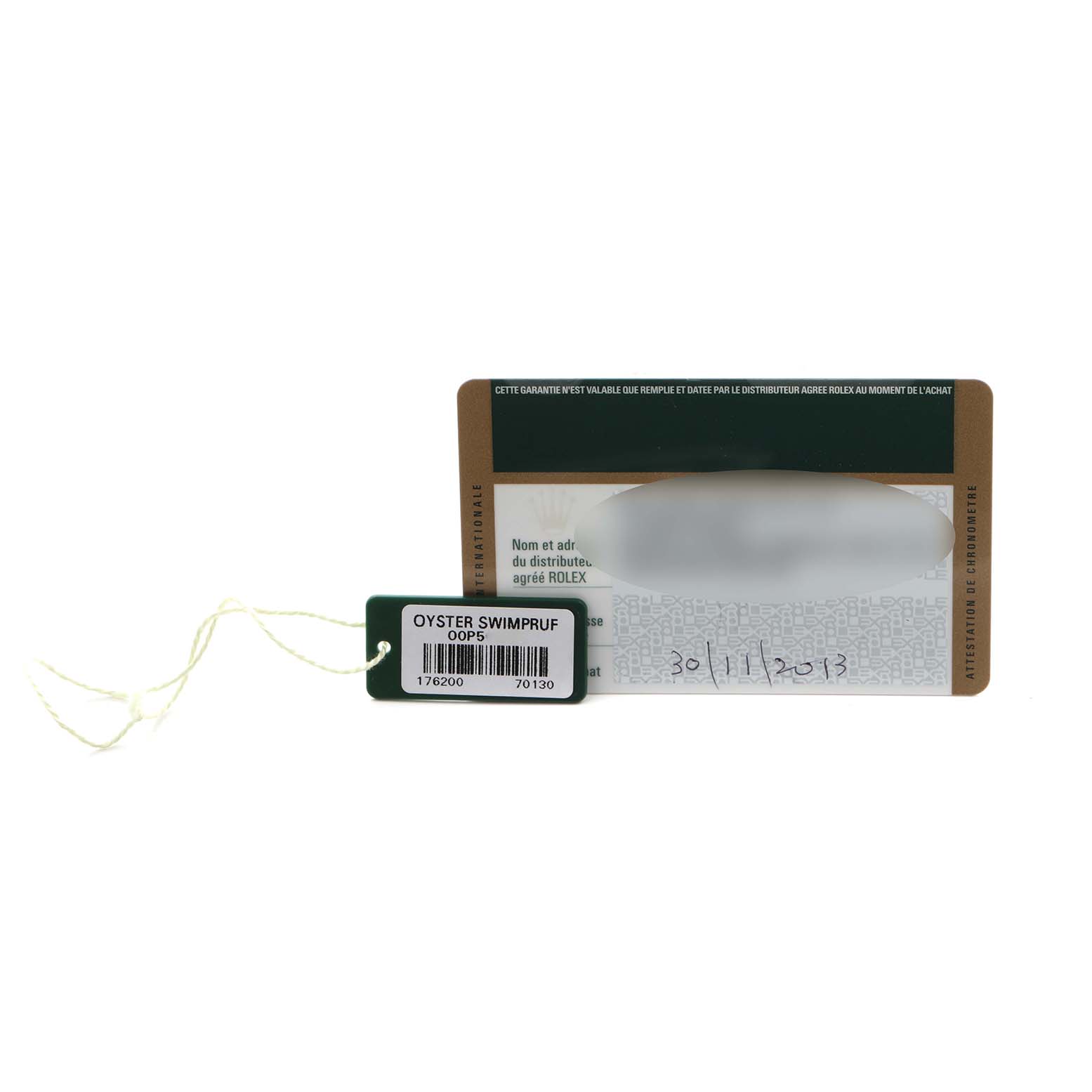 The image shows a Rolex Oyster Perpetual 176200 Women's Stainless Steel Pink Dial 176200 Women's Stainless Steel Pink Dial warranty card and tag, viewed from the front.