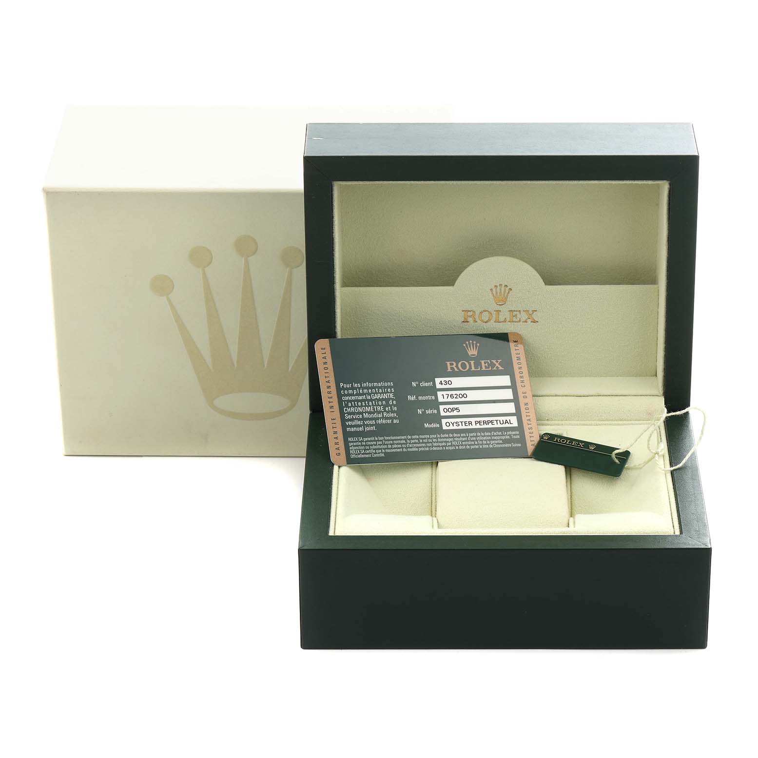 The image shows a Rolex Oyster Perpetual 176200 Women's Stainless Steel Pink Dial 176200 Women's Stainless Steel Pink Dial watch box and accessories, including a card and tag, from a front angle.