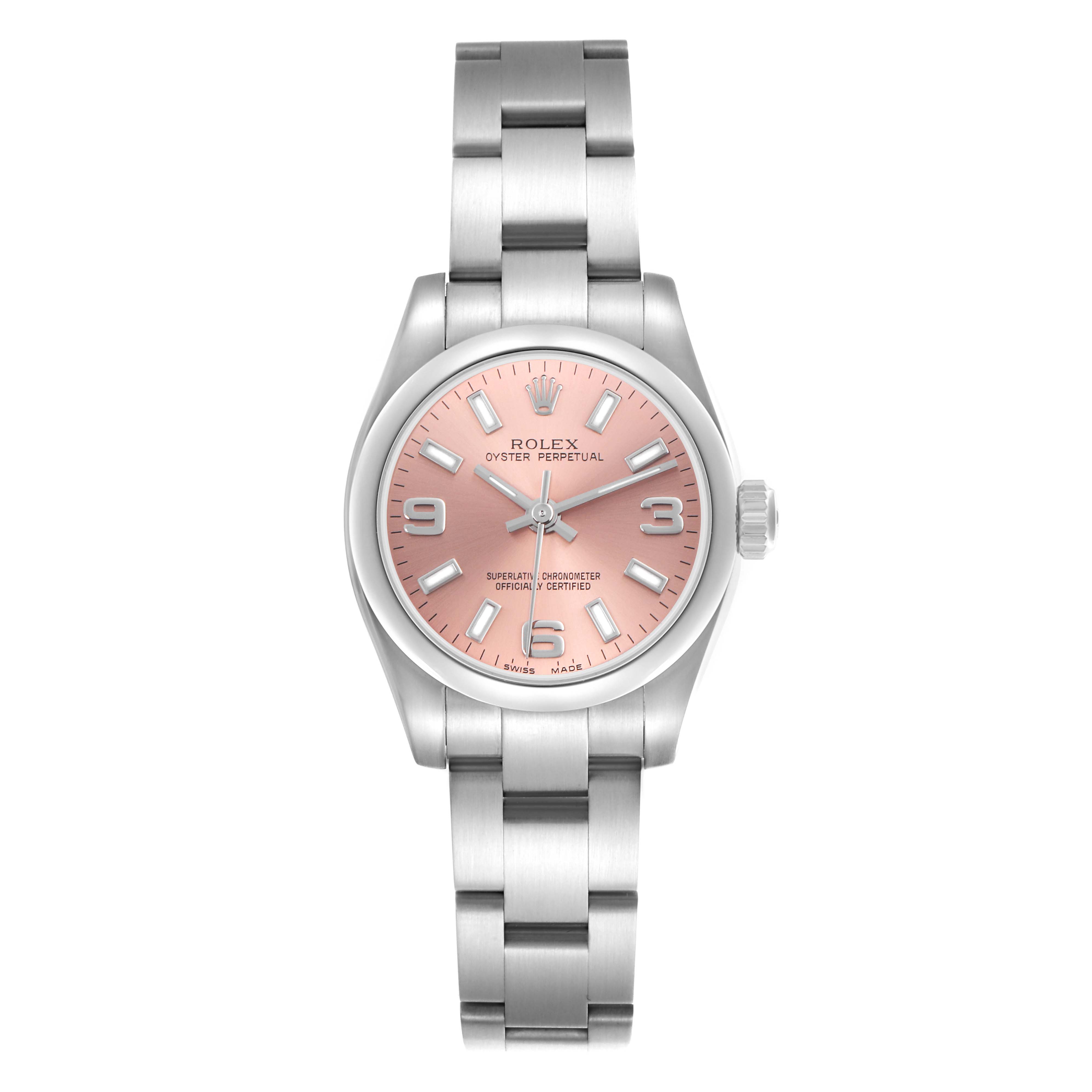 The Rolex Oyster Perpetual 176200 Women's Stainless Steel Pink Dial 176200 Women's Stainless Steel Pink Dial watch is shown from the front, displaying its dial, bracelet, and crown.