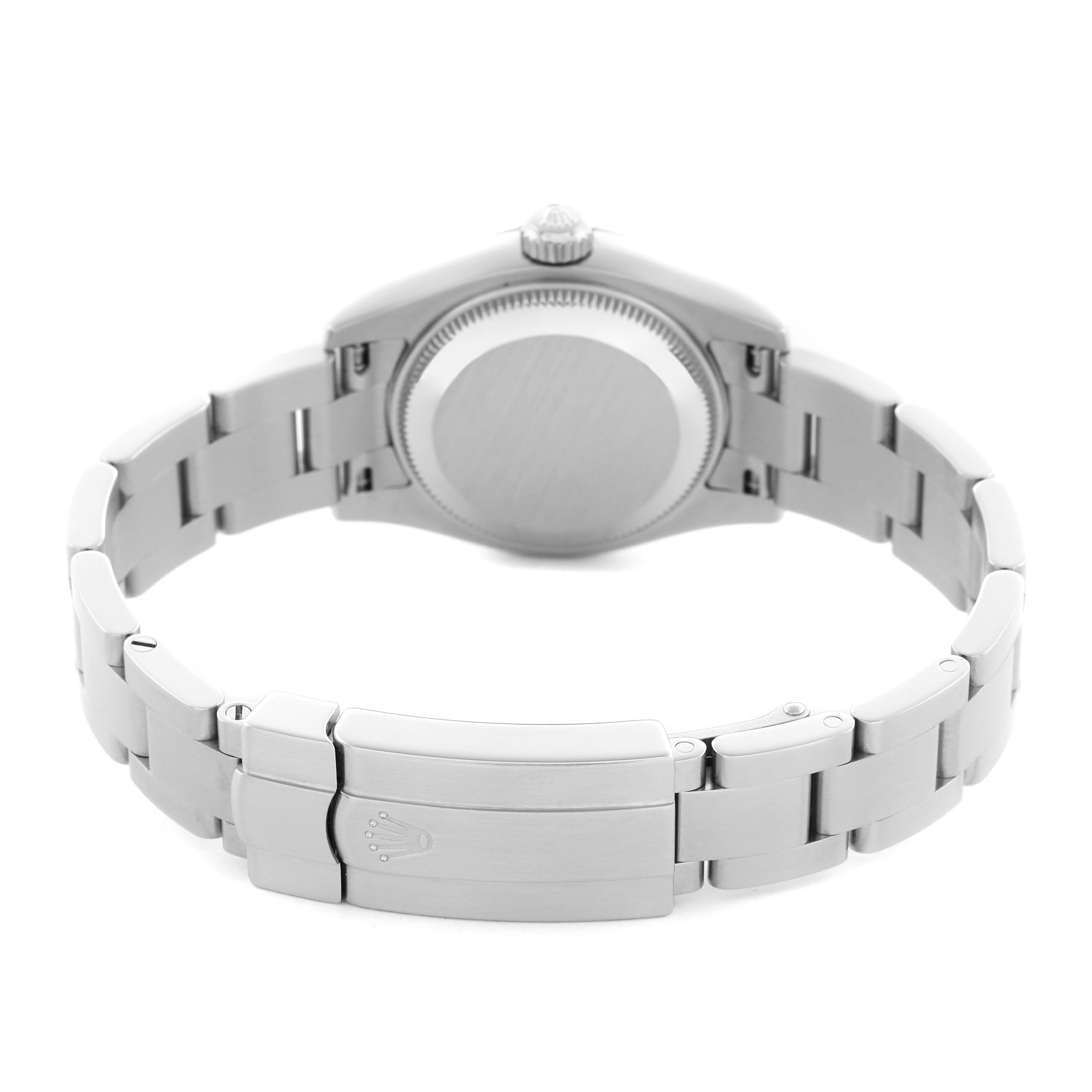 The Rolex Oyster Perpetual 176200 Women's Stainless Steel Pink Dial 176200 Women's Stainless Steel Pink Dial watch is shown from the back, featuring its case back and clasp with the bracelet extended.