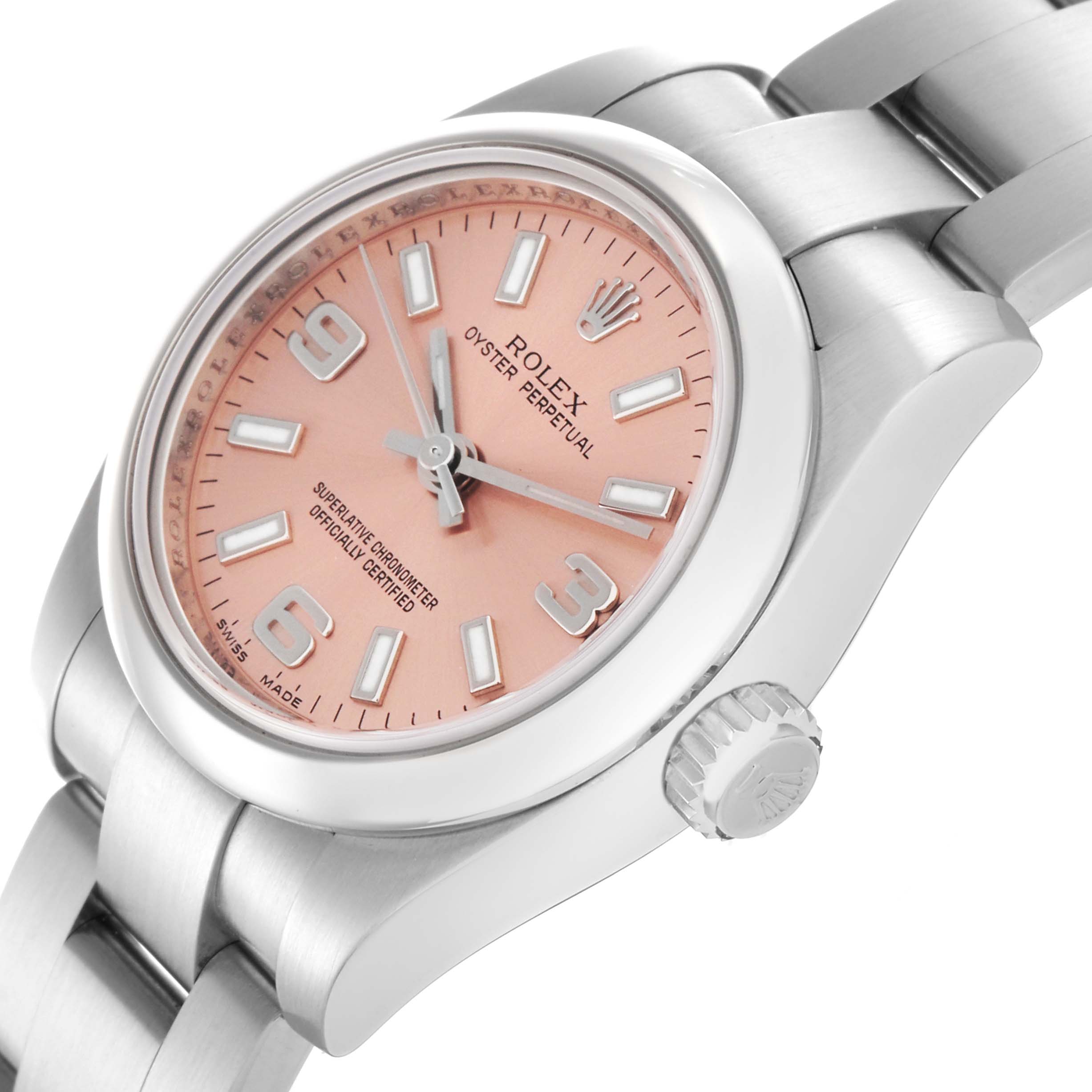 The Rolex Oyster Perpetual 176200 Women's Stainless Steel Pink Dial 176200 Women's Stainless Steel Pink Dial watch is shown at an angled side view, highlighting the pink dial, bezel, and part of the bracelet.