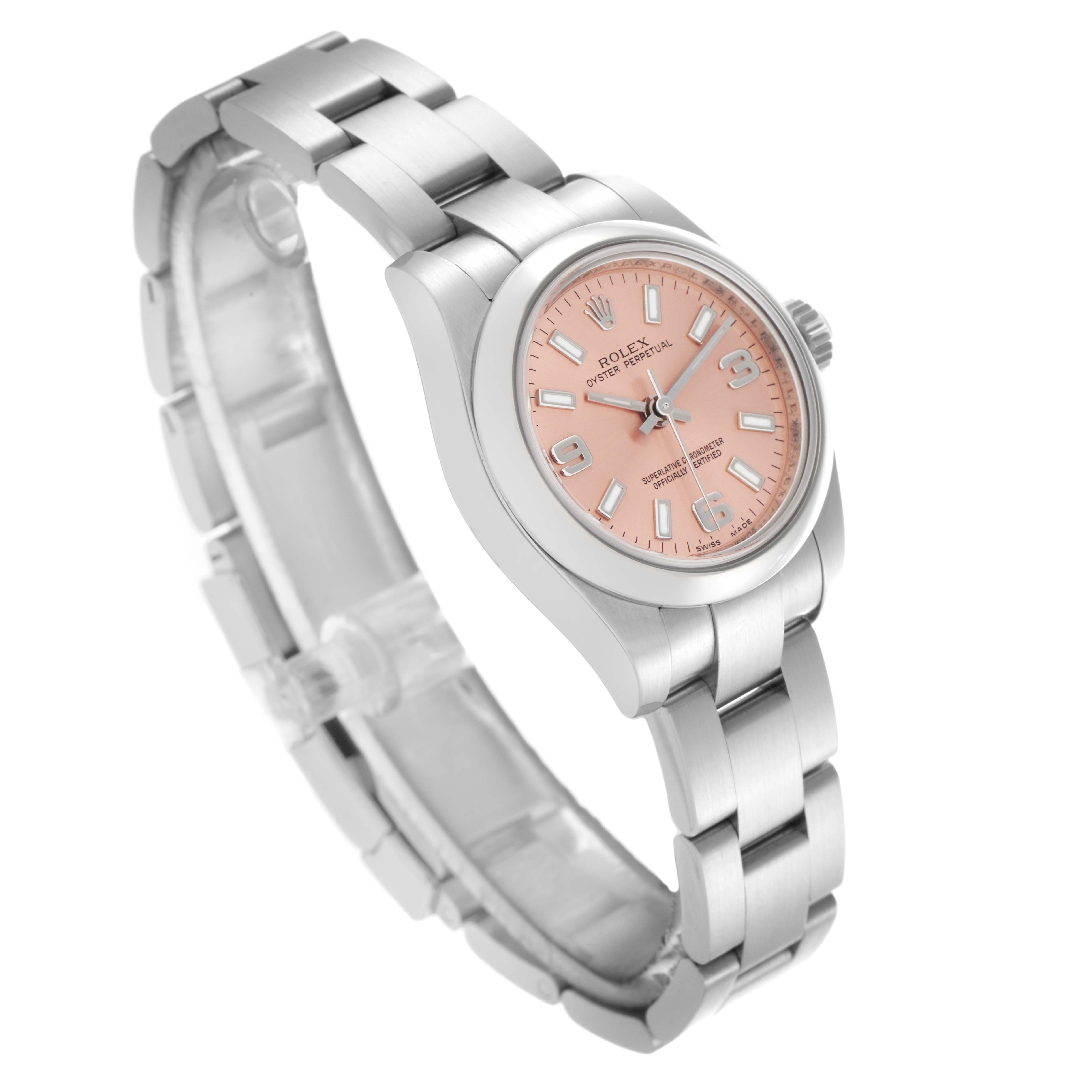 The Rolex Oyster Perpetual 176200 Women's Stainless Steel Pink Dial 176200 Women's Stainless Steel Pink Dial watch is shown at a slight angle, highlighting its pink dial, bezel, and bracelet.