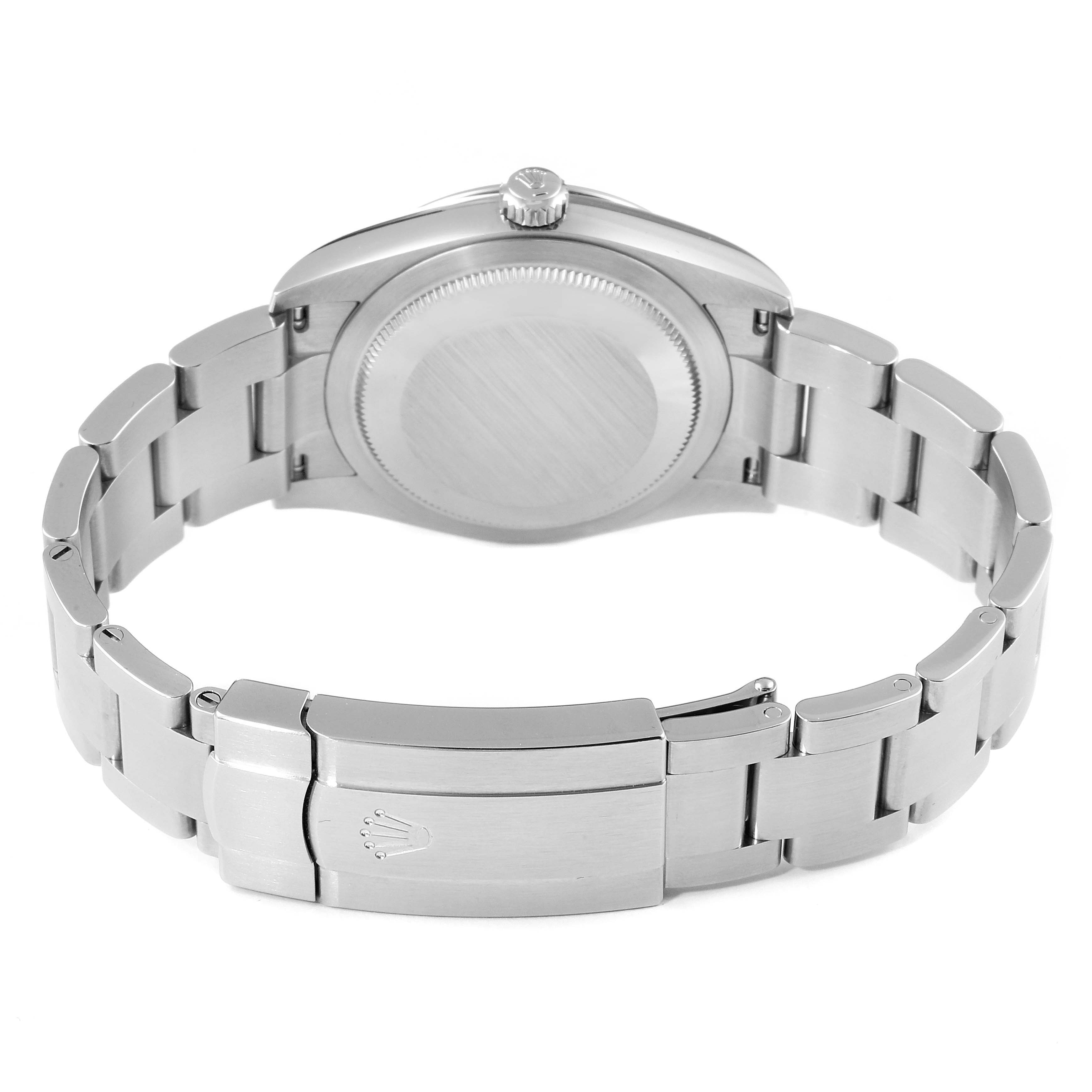 This image shows the back of the Rolex Oyster Perpetual 124200 Men's Stainless Steel Silver Dial 124200 Men's Stainless Steel Silver Dial watch, highlighting the closed clasp and the back of the case.