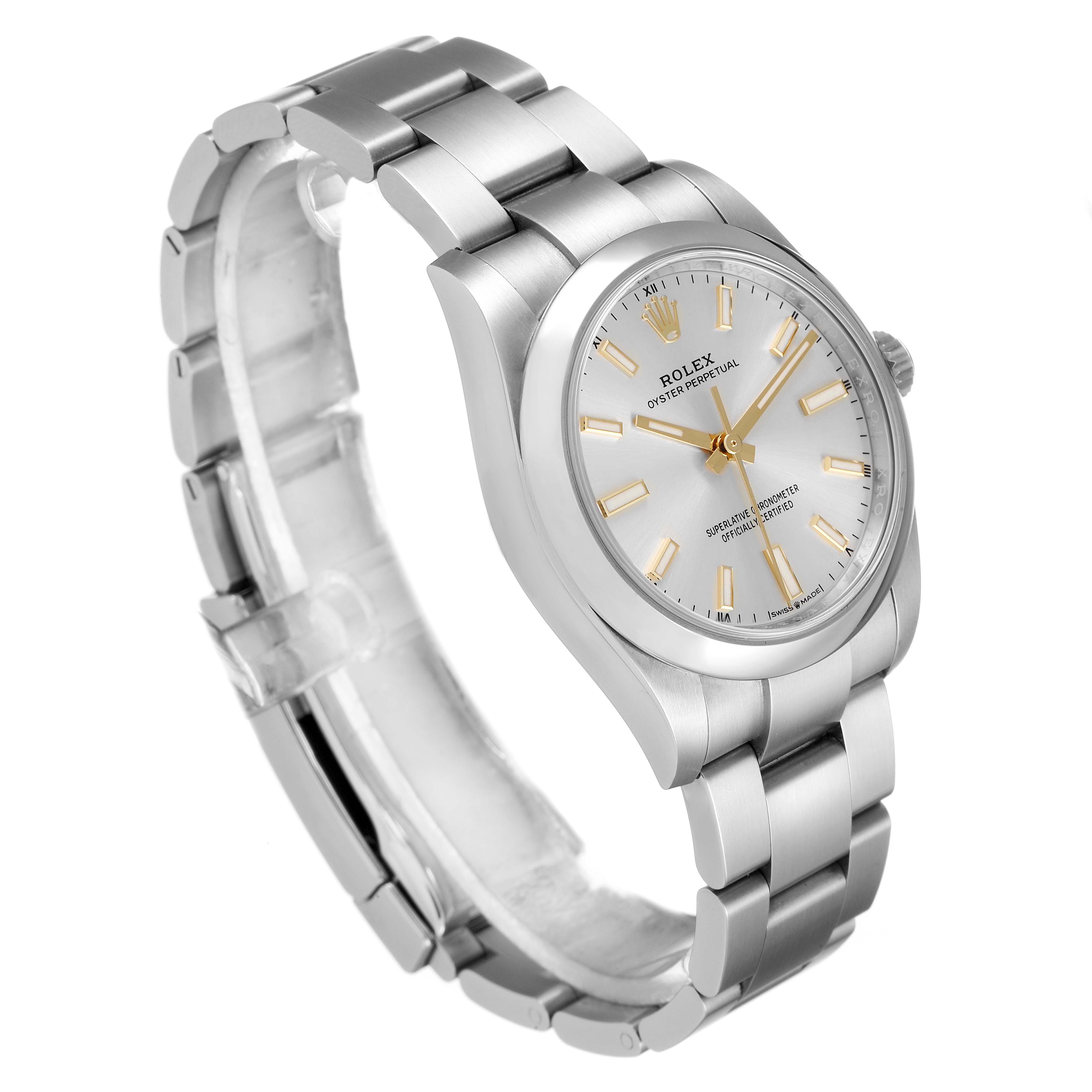 The Rolex Oyster Perpetual 124200 Men's Stainless Steel Silver Dial 124200 Men's Stainless Steel Silver Dial watch is shown at a slight angle, displaying its face, bezel, and stainless steel bracelet.