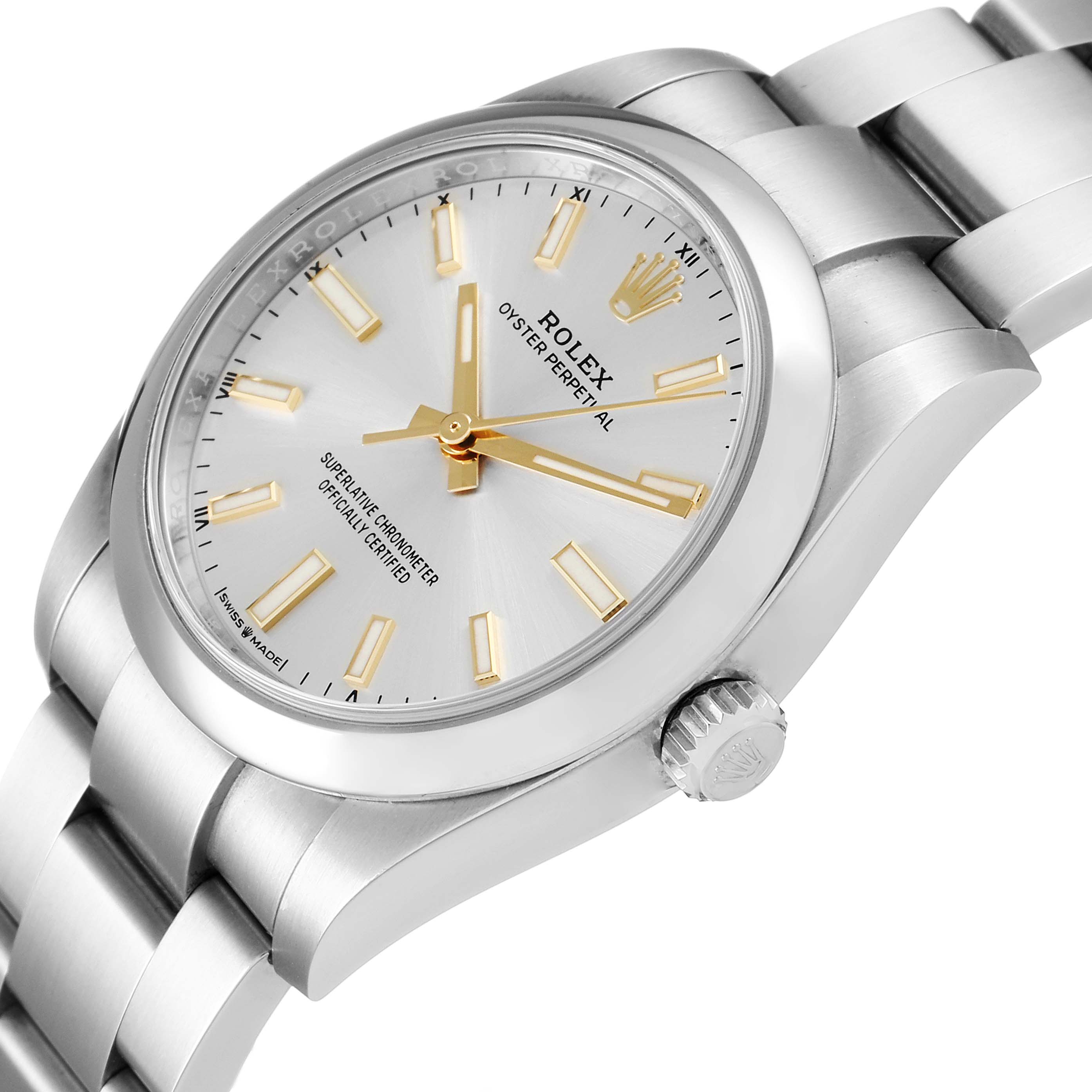 This image shows a side angle of a Rolex Oyster Perpetual 124200 Men's Stainless Steel Silver Dial 124200 Men's Stainless Steel Silver Dial watch, highlighting the dial, crown, and part of the bracelet.