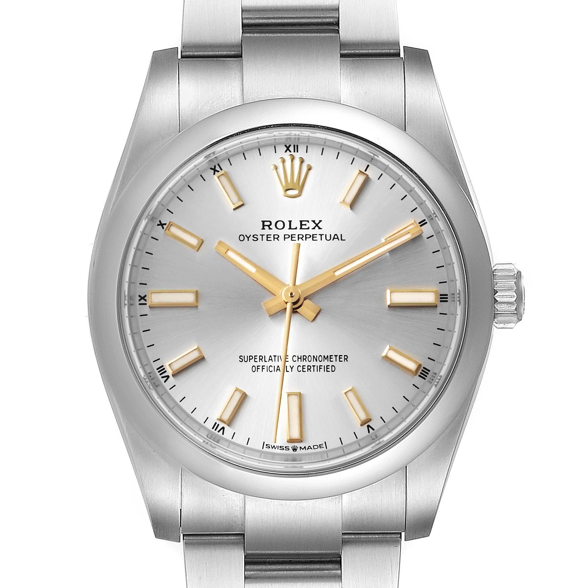 This image shows the full face and bracelet of a Rolex Oyster Perpetual 124200 Men's Stainless Steel Silver Dial 124200 Men's Stainless Steel Silver Dial watch from a front angle.
