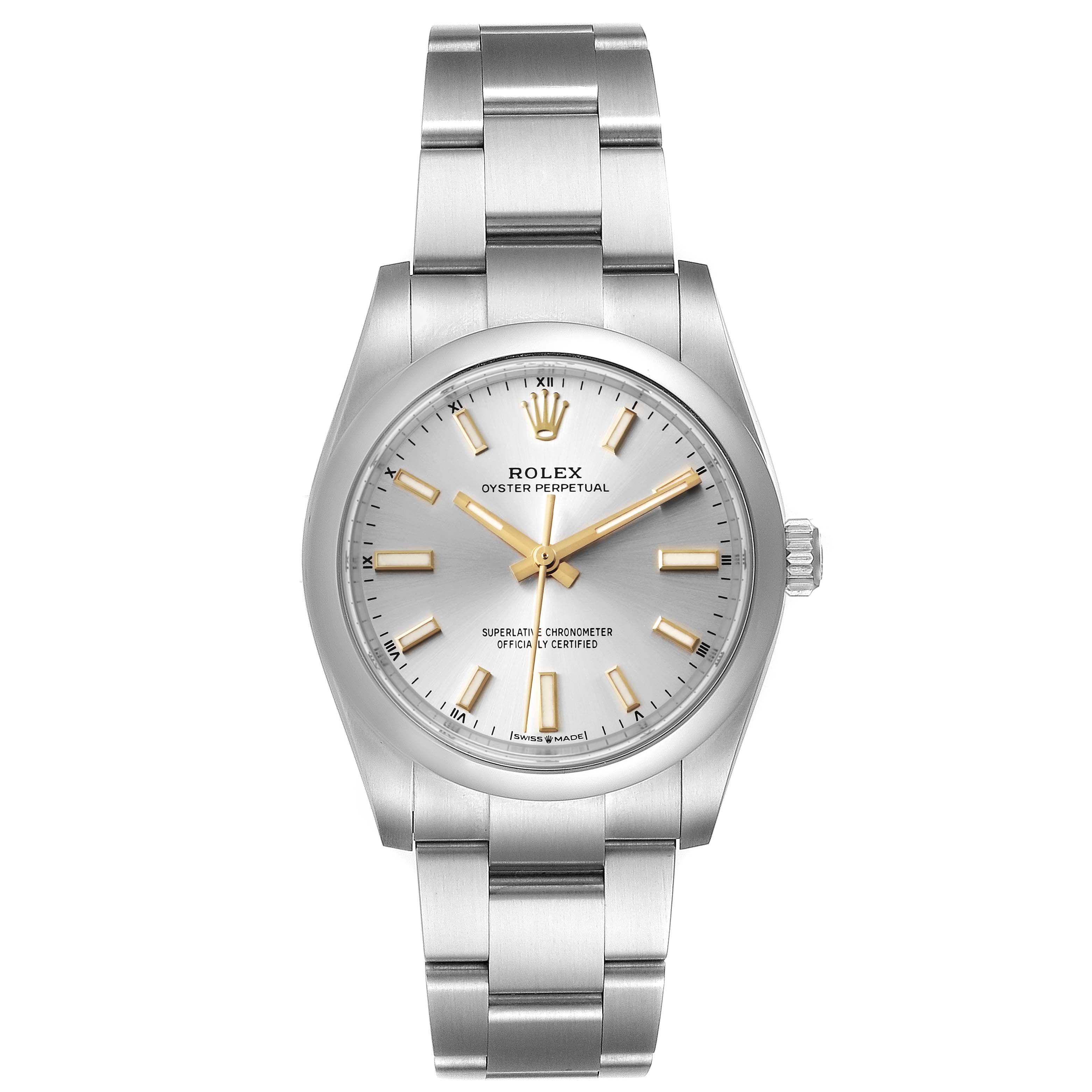 This Rolex Oyster Perpetual 124200 Men's Stainless Steel Silver Dial 124200 Men's Stainless Steel Silver Dial watch is shown from a top-down angle, displaying its face, bezel, crown, and bracelet.