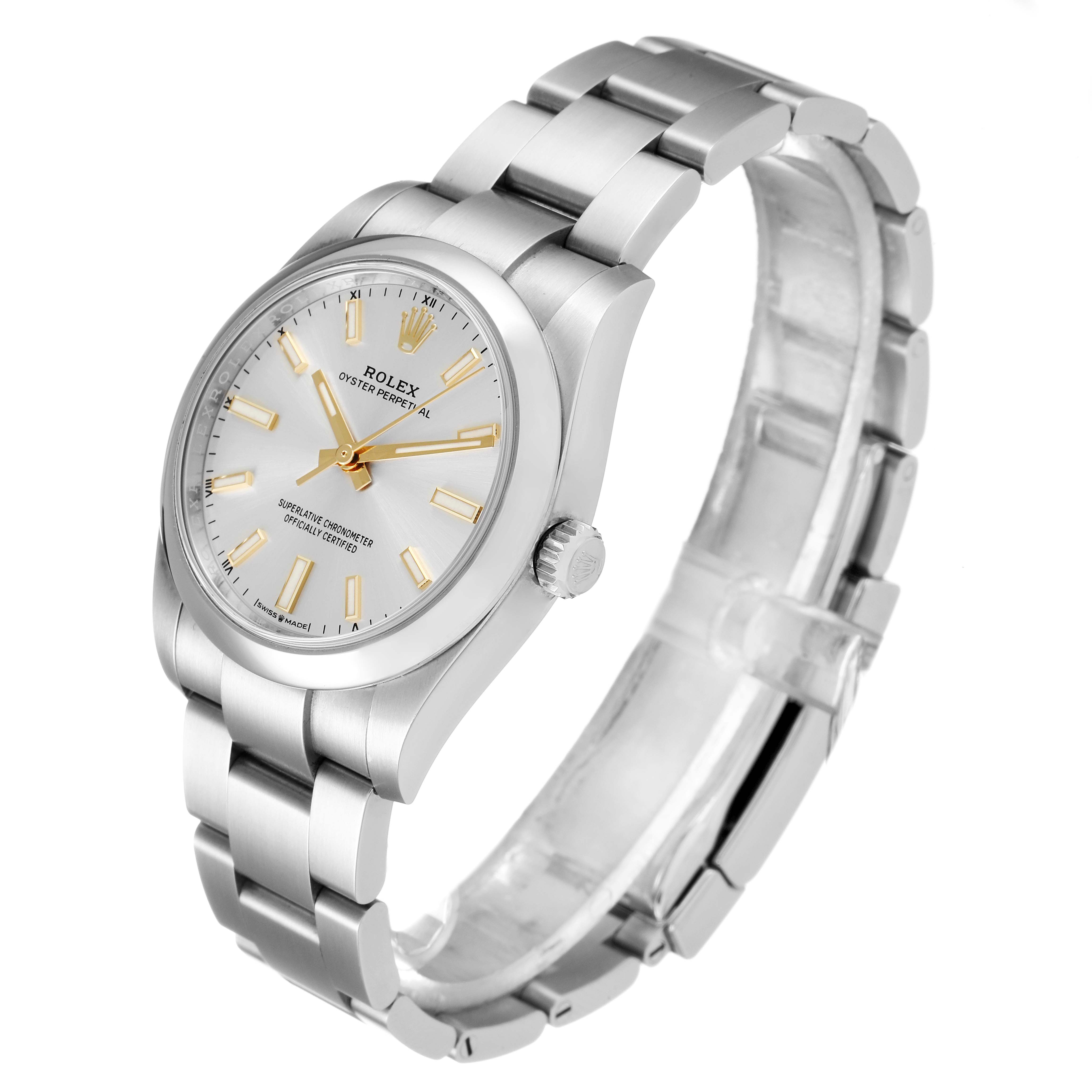 The Rolex Oyster Perpetual 124200 Men's Stainless Steel Silver Dial 124200 Men's Stainless Steel Silver Dial watch is shown at an angled side view, displaying the face, bezel, crown, and partial bracelet.