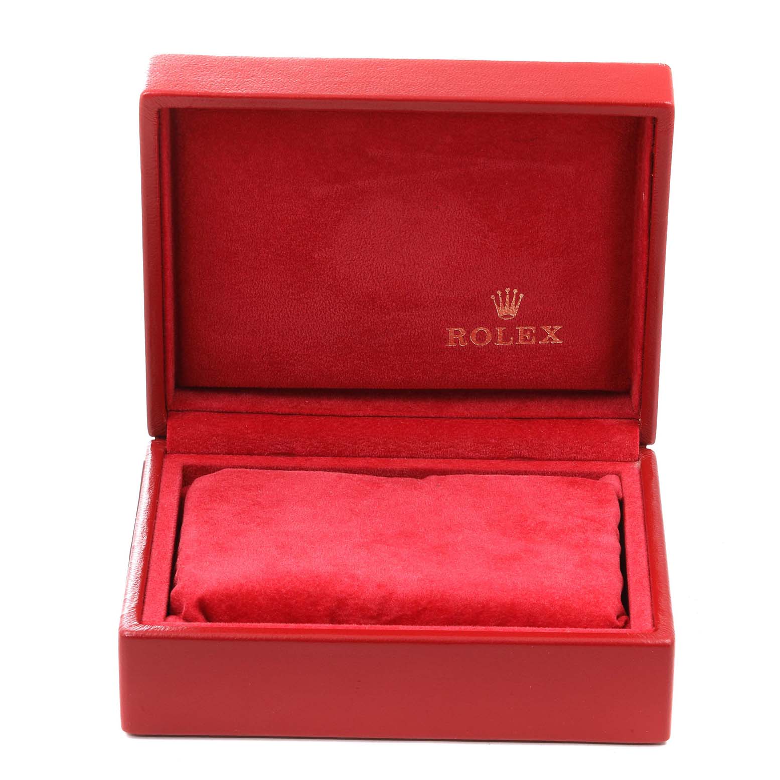 The image shows an open red box for a Rolex Oyster Perpetual 67193 Women
s Steel and Gold (two tone) Champagne Dial 67193 Women
s Steel and Gold (two tone) Champagne Dial watch, with the Rolex logo inside the lid.