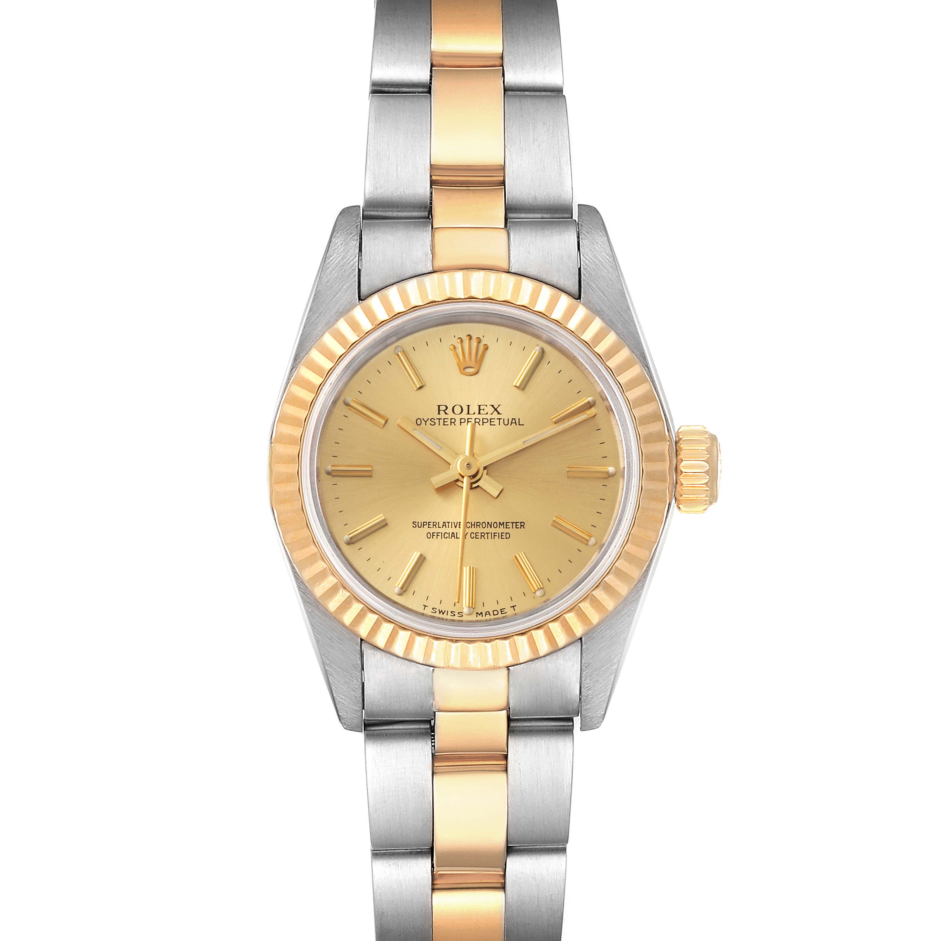The image shows a Rolex Oyster Perpetual 67193 Women
s Steel and Gold (two tone) Champagne Dial 67193 Women
s Steel and Gold (two tone) Champagne Dial watch from a front angle, highlighting its gold and silver bracelet and gold dial.
