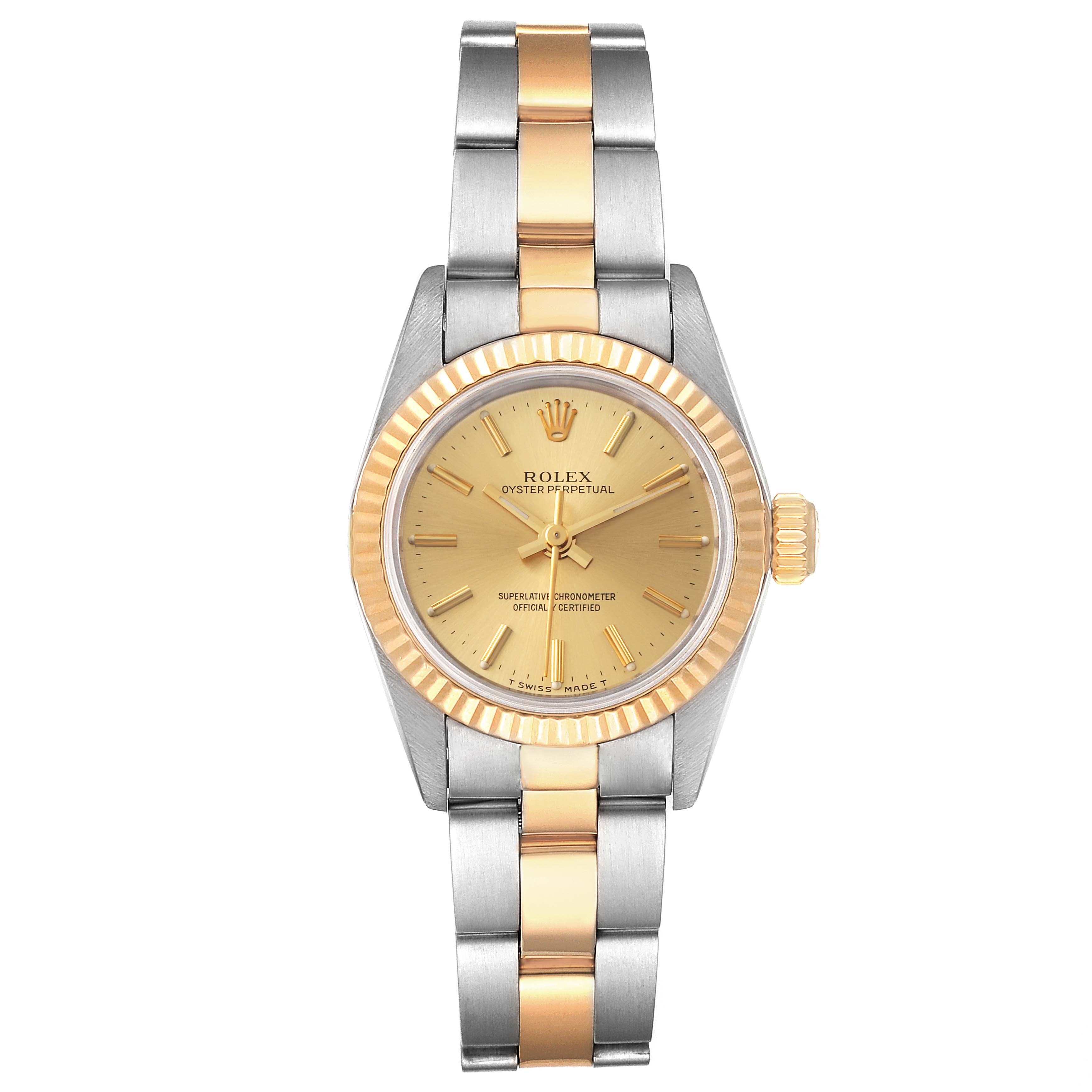 The image shows a frontal view of a Rolex Oyster Perpetual 67193 Women
s Steel and Gold (two tone) Champagne Dial 67193 Women
s Steel and Gold (two tone) Champagne Dial watch featuring a gold dial, fluted bezel, and a two-tone metal bracelet.