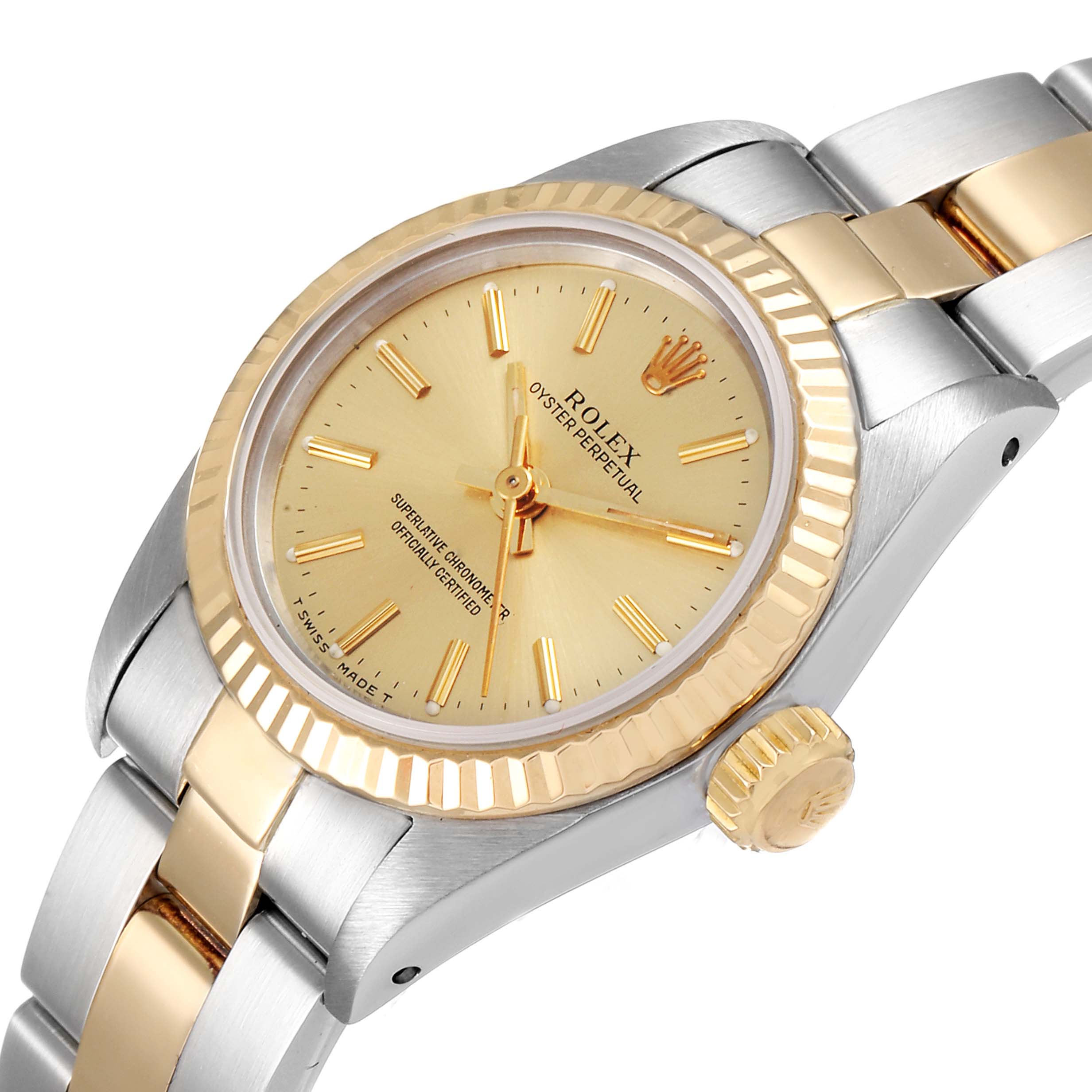 The image shows a close-up angle of a Rolex Oyster Perpetual 67193 Women
s Steel and Gold (two tone) Champagne Dial 67193 Women
s Steel and Gold (two tone) Champagne Dial watch, highlighting the face, bezel, crown, and part of the bracelet.
