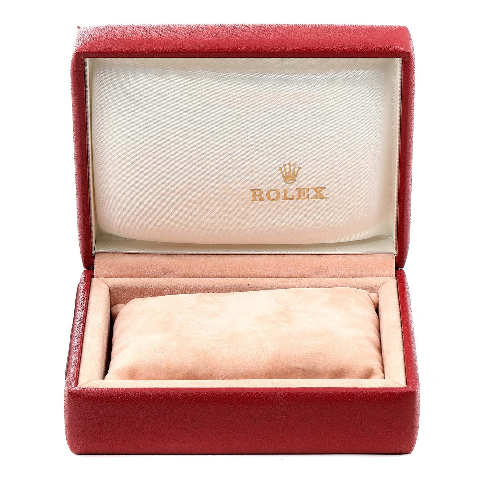 This image shows an empty red Rolex watch box for the Oyster Perpetual model, viewed from the front with the lid open.
