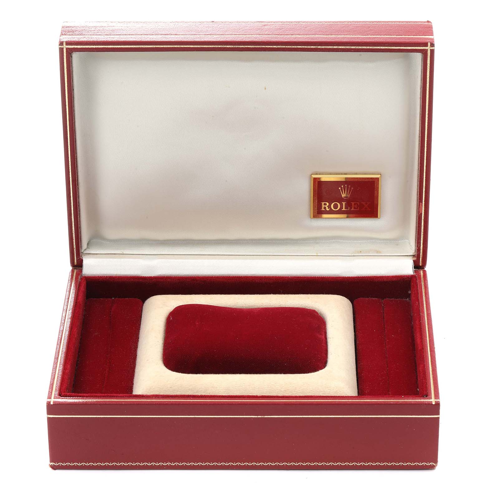 This image shows an open red watch box for the President model by Rolex.