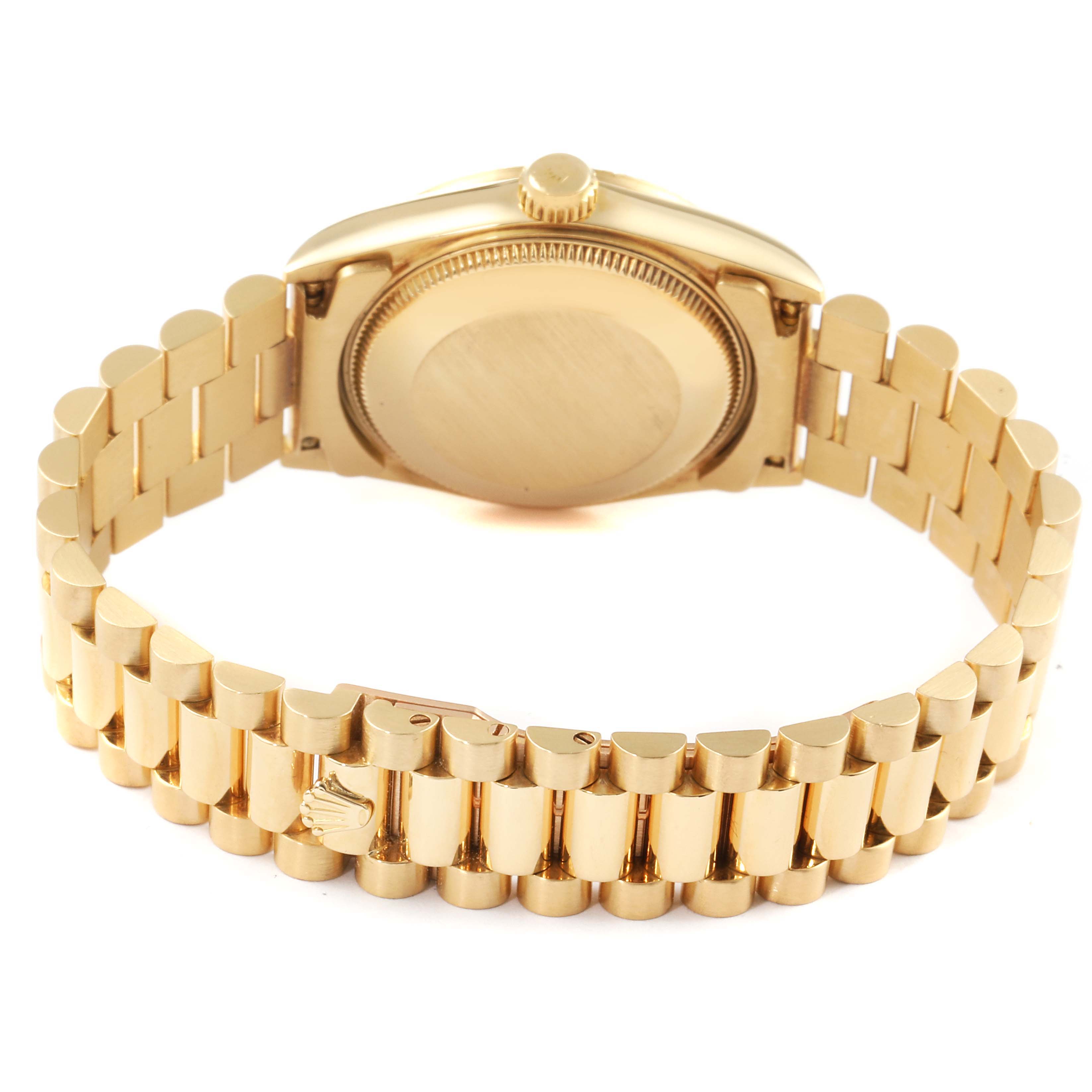 This image shows the back case and bracelet of a Rolex President 68278 Women
s Yellow Gold Champagne Dial 68278 Women
s Yellow Gold Champagne Dial model watch, viewed from the rear angle.