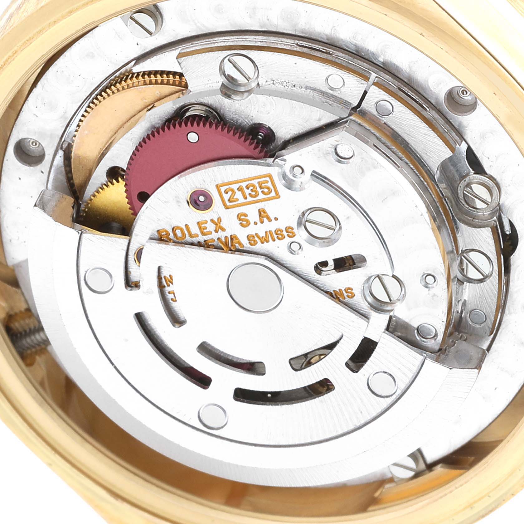 The image shows the internal movement mechanism of a Rolex President 68278 Women
s Yellow Gold Champagne Dial 68278 Women
s Yellow Gold Champagne Dial model watch, viewed from the back.