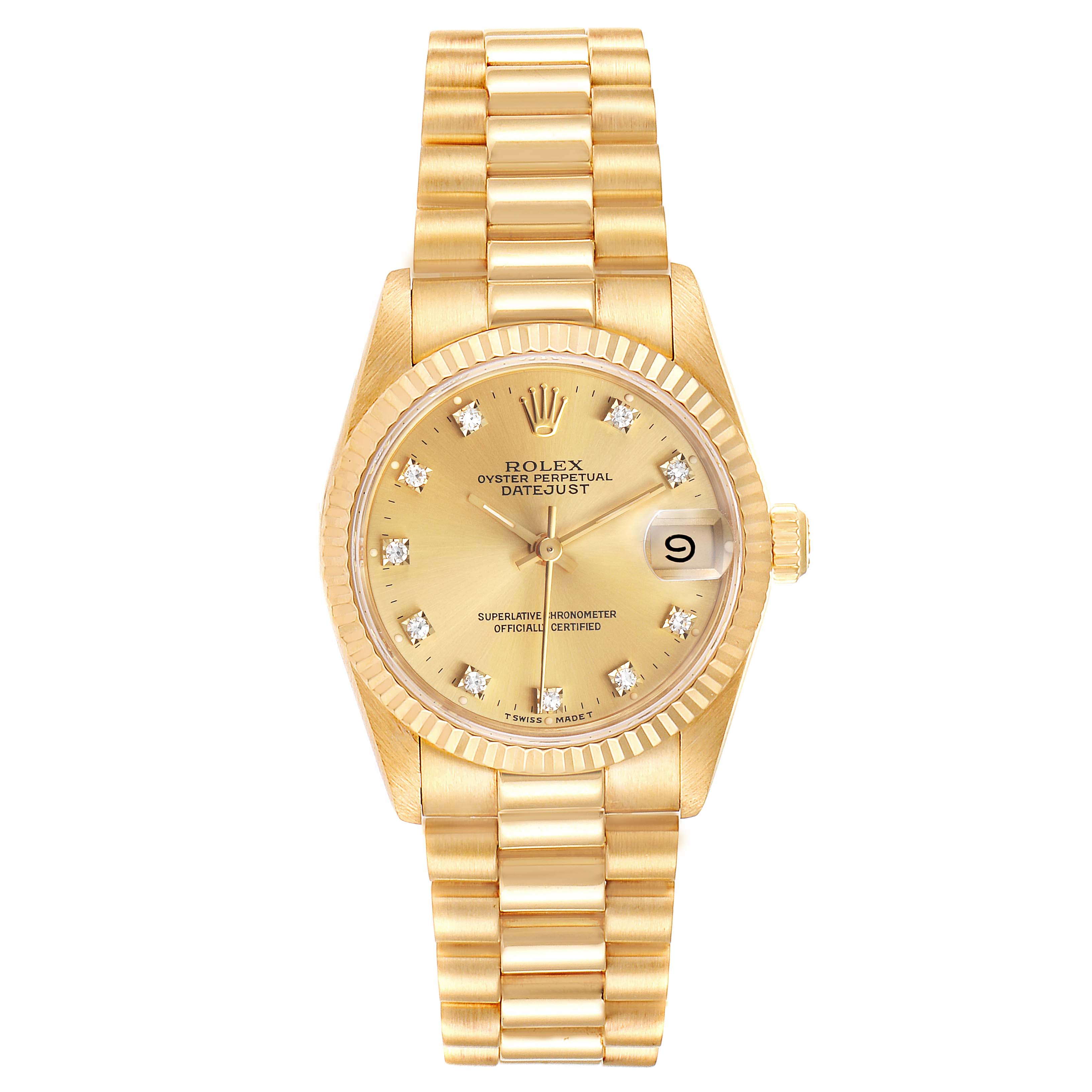 This image shows a front view of a Rolex President 68278 Women
s Yellow Gold Champagne Dial 68278 Women
s Yellow Gold Champagne Dial model watch, highlighting its gold bracelet, crown, and dial with diamond hour markers.
