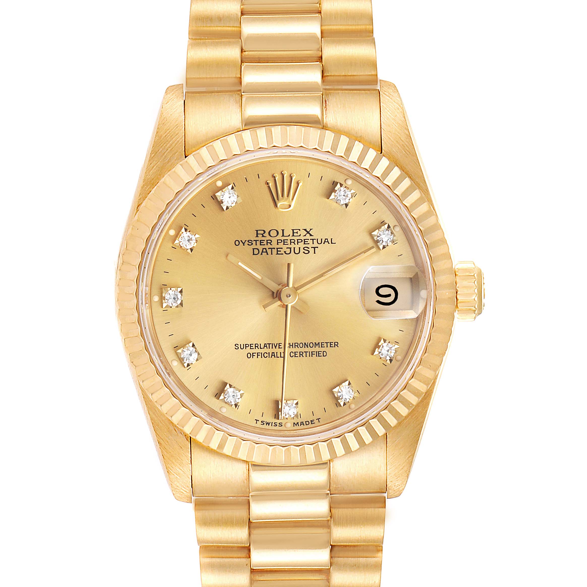 This image shows a front view of a Rolex President 68278 Women
s Yellow Gold Champagne Dial 68278 Women
s Yellow Gold Champagne Dial model watch, highlighting its dial, bezel, and bracelet.