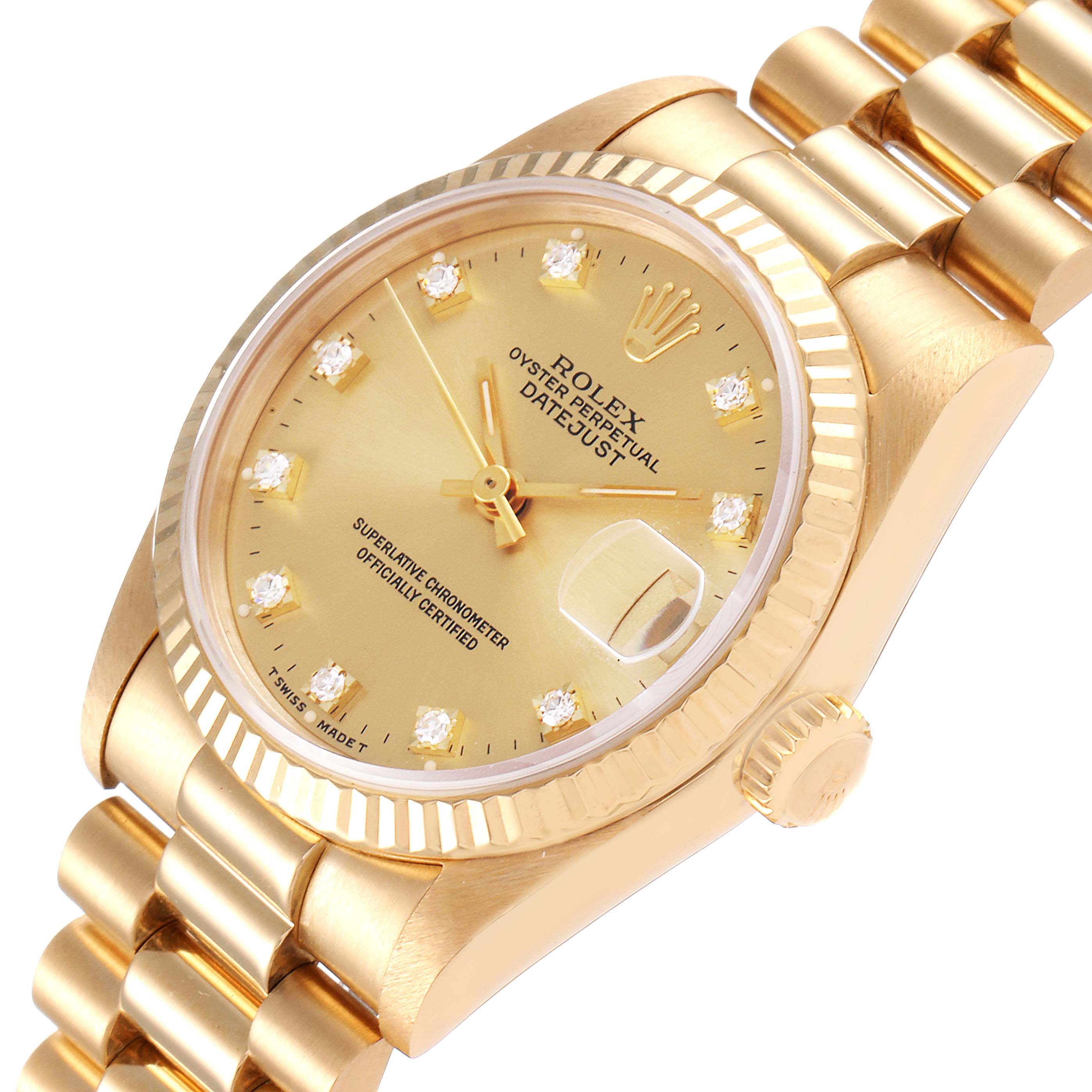 The image shows a gold Rolex President 68278 Women
s Yellow Gold Champagne Dial 68278 Women
s Yellow Gold Champagne Dial model watch angled from below the face, displaying the bracelet, dial, and crown.