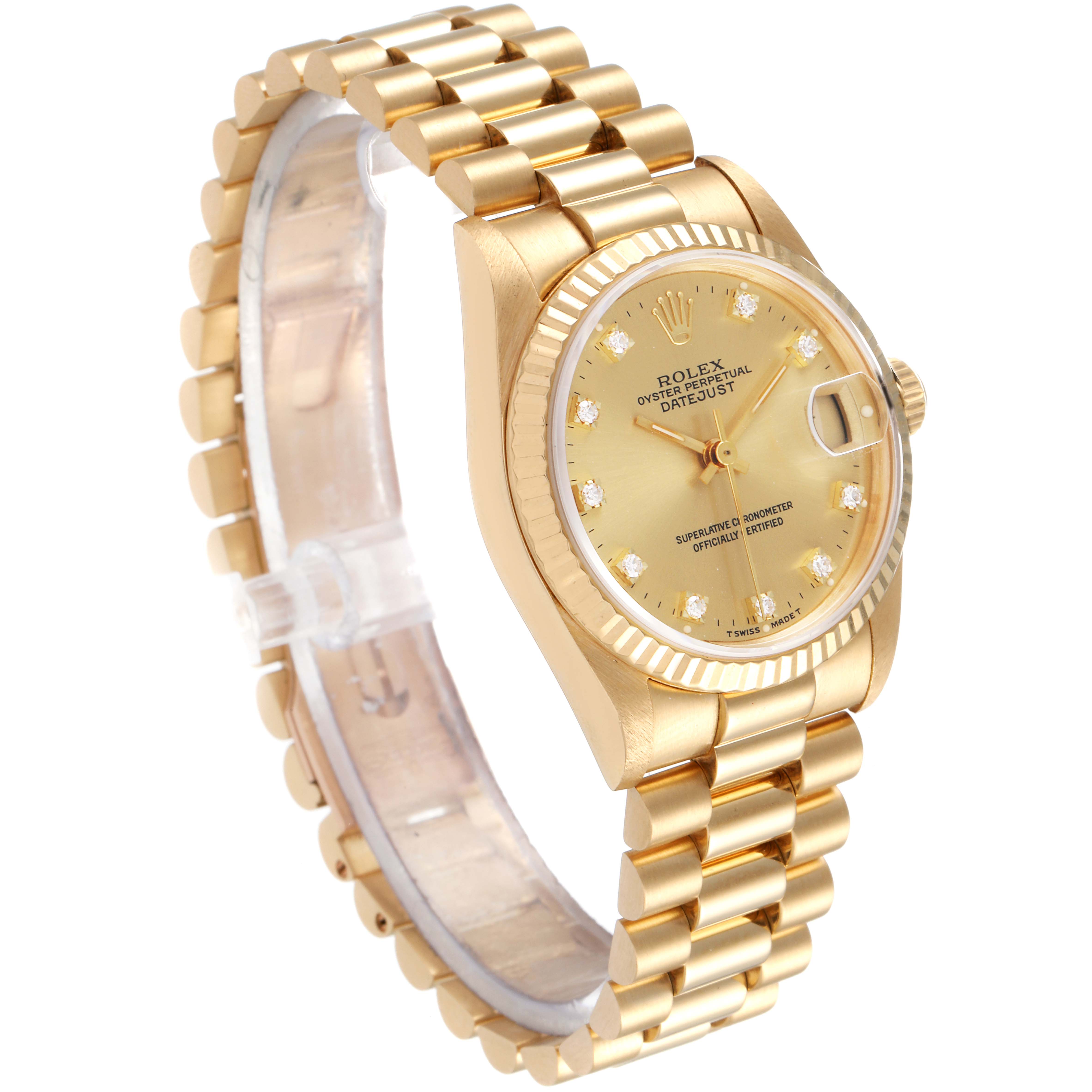 The image shows a Rolex President 68278 Women
s Yellow Gold Champagne Dial 68278 Women
s Yellow Gold Champagne Dial model watch from an angled side view, highlighting its gold bracelet, case, and dial.