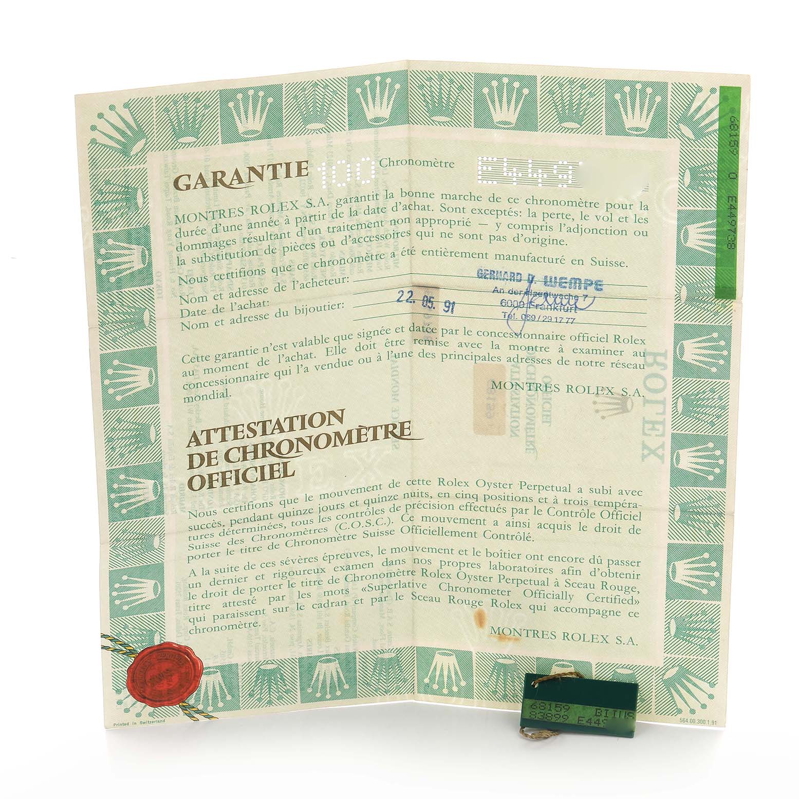 The image shows a warranty certificate for the Rolex President 68159 Women
s White Gold Silver Dial 68159 Women
s White Gold Silver Dial model, with an official chronometer attestation.