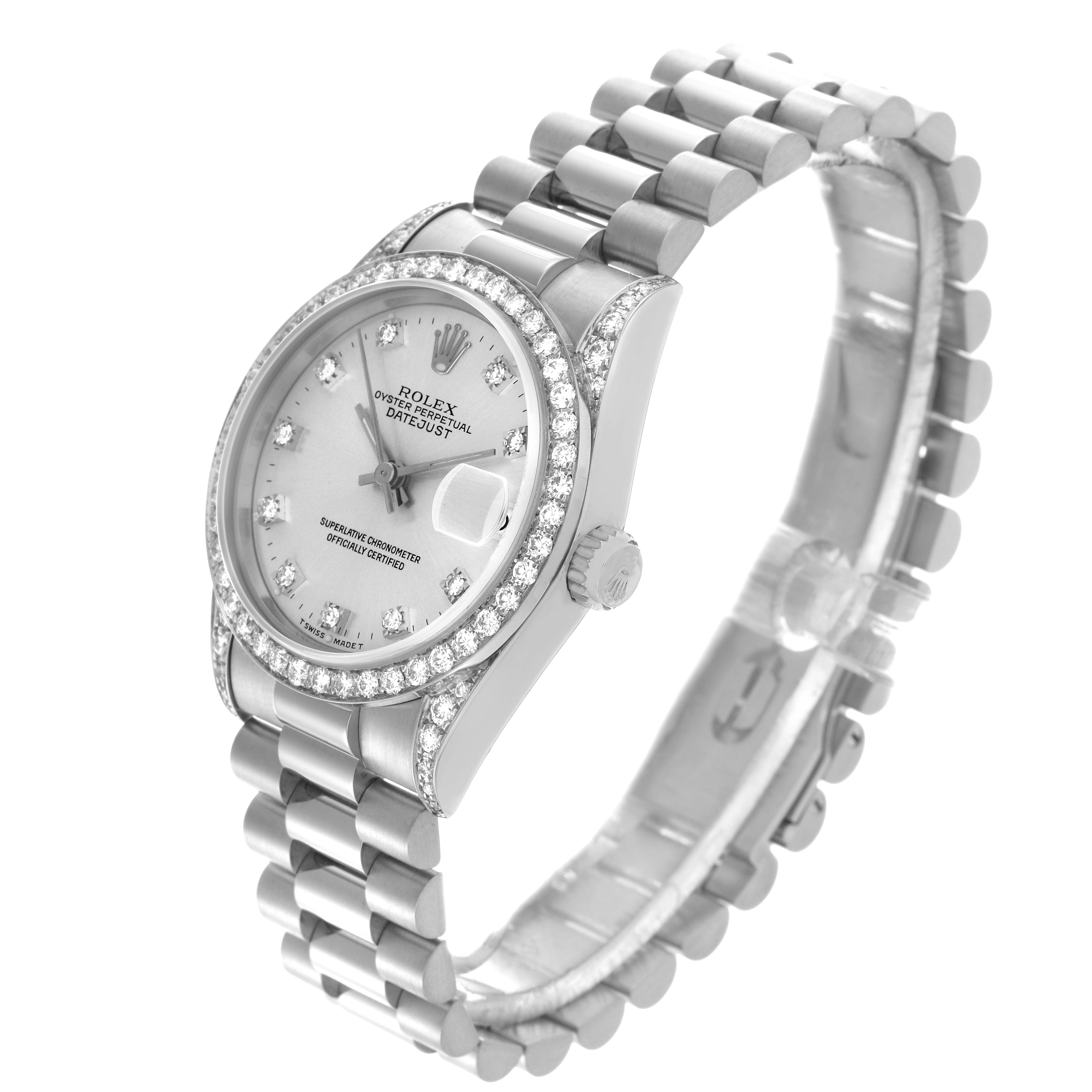 This image shows a Rolex President 68159 Women
s White Gold Silver Dial 68159 Women
s White Gold Silver Dial model watch at an angled view, highlighting its diamond bezel and bracelet.