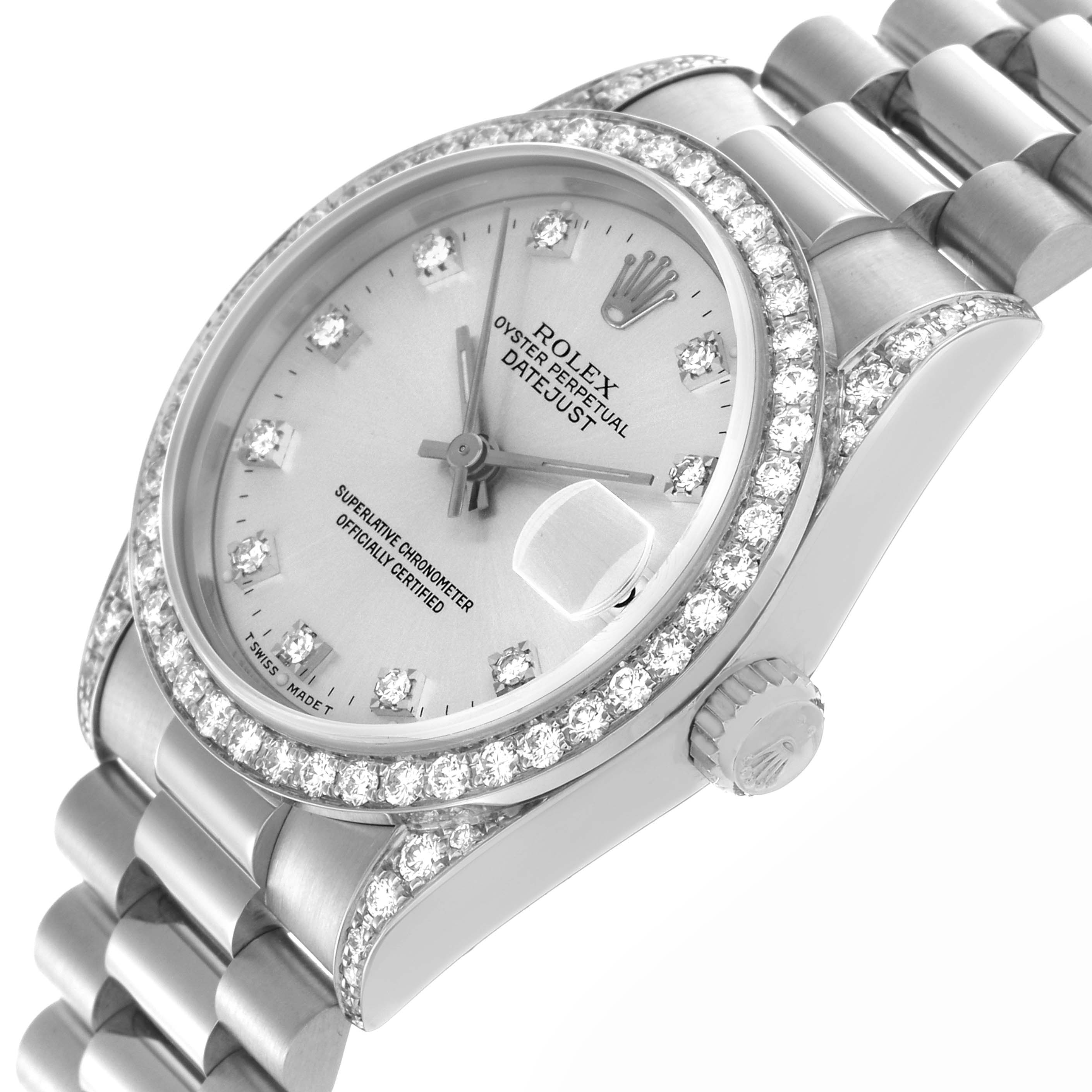The Rolex President 68159 Women
s White Gold Silver Dial 68159 Women
s White Gold Silver Dial model watch is shown at a slight angle, highlighting the diamond bezel, face, crown, and bracelet links.