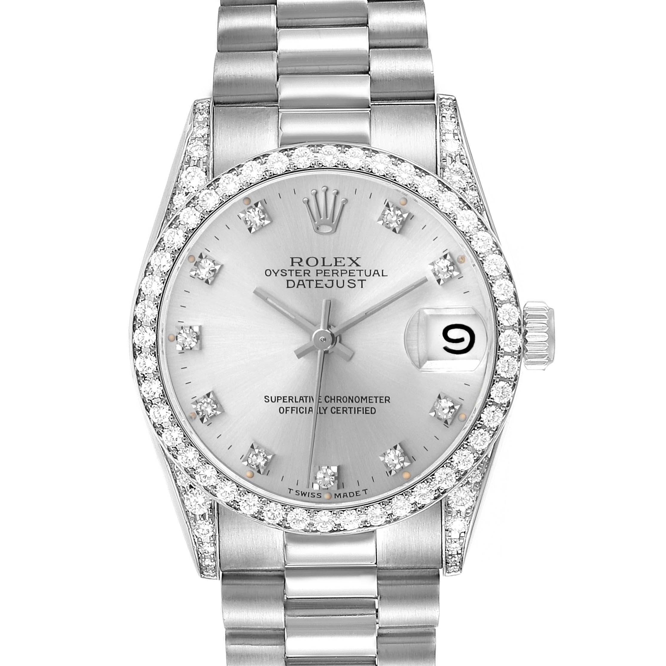 The Rolex President 68159 Women
s White Gold Silver Dial 68159 Women
s White Gold Silver Dial model is shown from a top-down view, highlighting the watch face, bezel, and part of the bracelet.