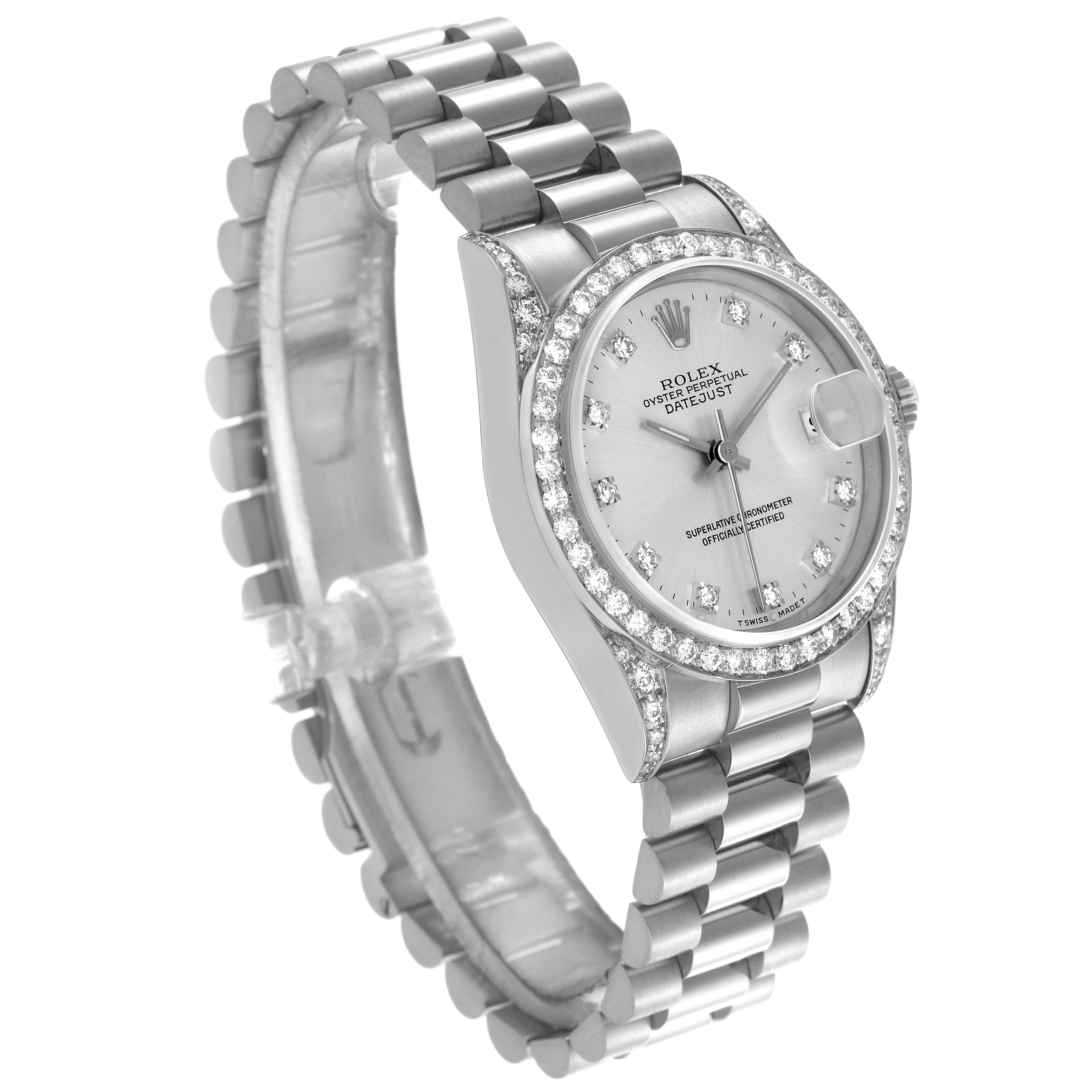 The Rolex President 68159 Women
s White Gold Silver Dial 68159 Women
s White Gold Silver Dial model watch is shown at a 3/4 angle, highlighting the dial, bracelet, and diamond-encrusted bezel.