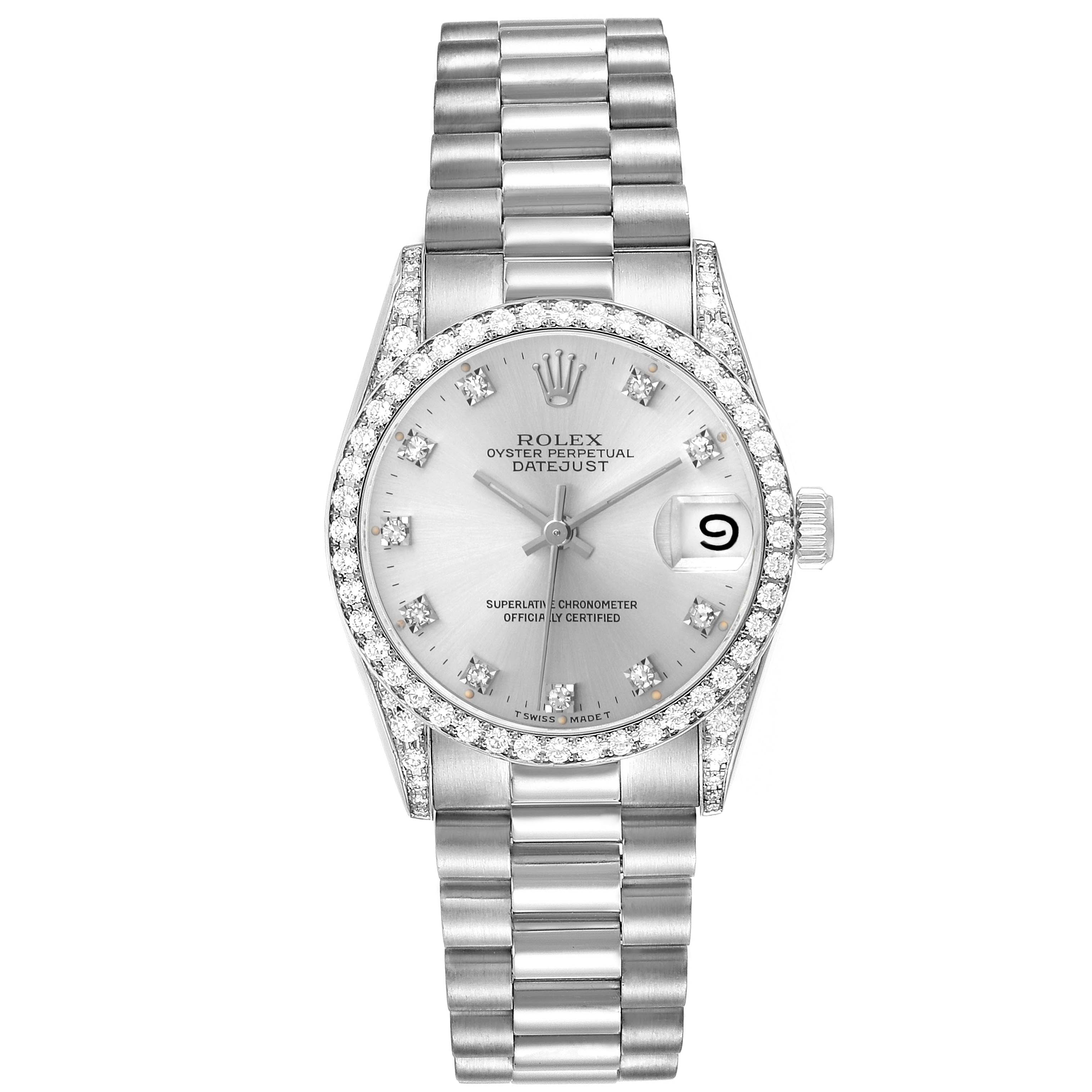 The Rolex President 68159 Women
s White Gold Silver Dial 68159 Women
s White Gold Silver Dial model is shown from a front angle, highlighting its bracelet, bezel, dial, and date feature.