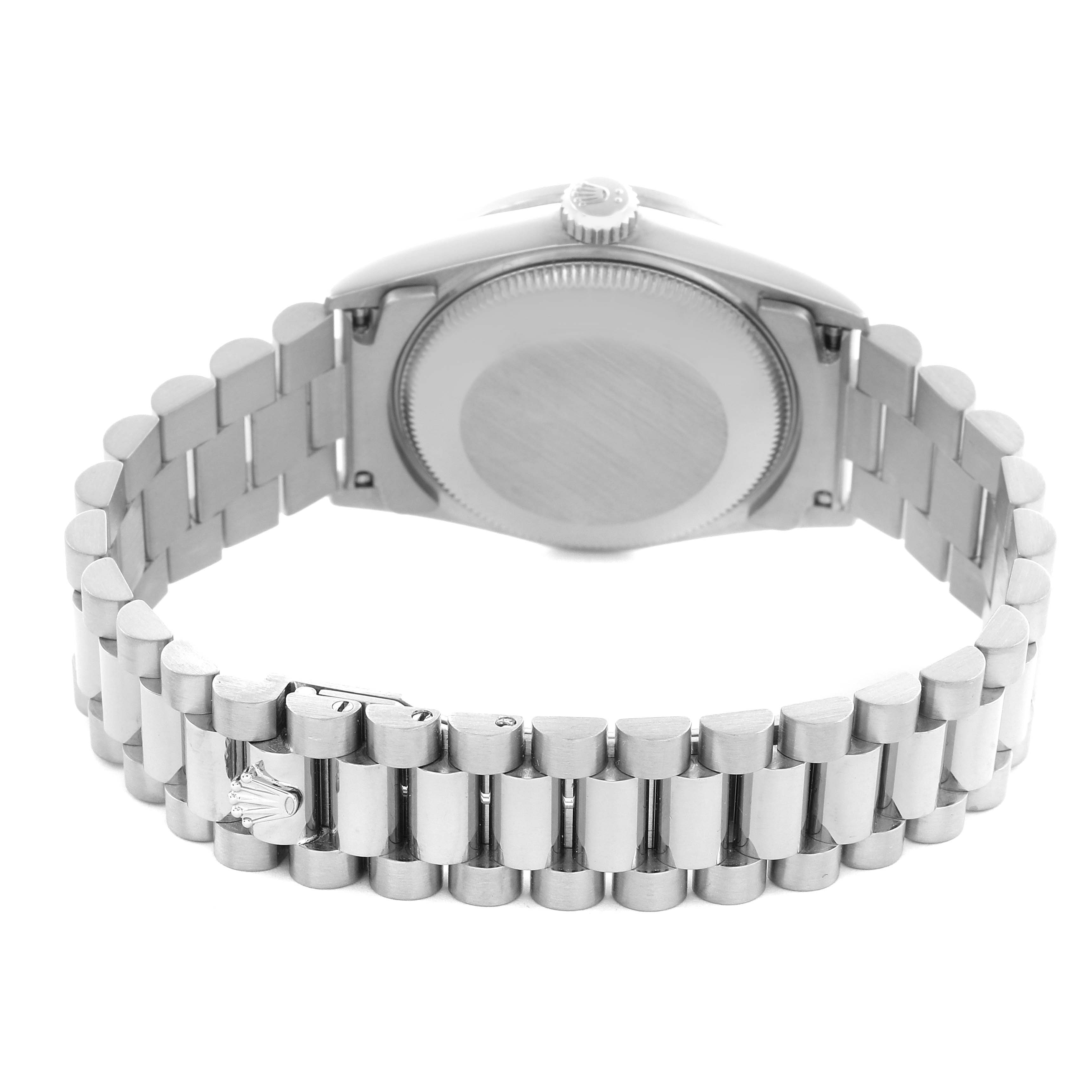 The image shows the underside of a Rolex President 68159 Women
s White Gold Silver Dial 68159 Women
s White Gold Silver Dial model, featuring the case back and the full bracelet.