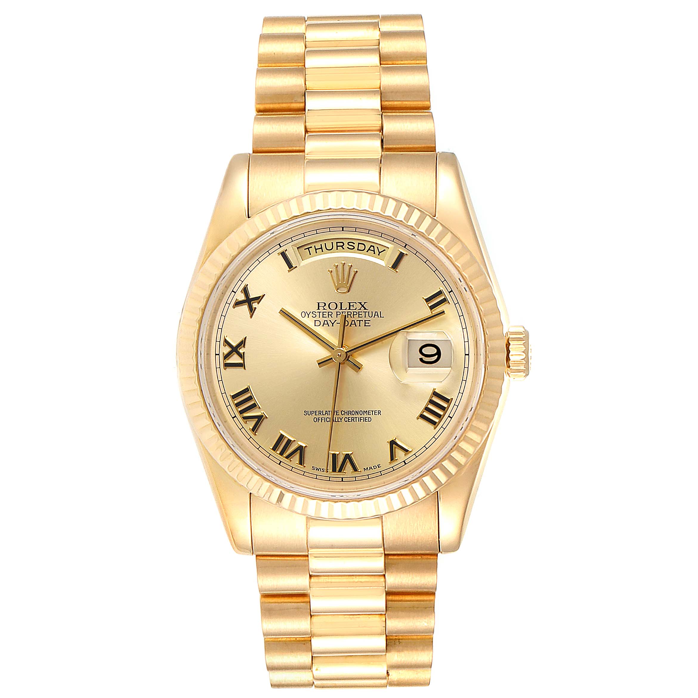 This image shows a frontal view of a Rolex President 118238 Men's Yellow Gold Champagne Dial 118238 Men's Yellow Gold Champagne Dial model, including the dial, bracelet, bezel, crown, and day-date display.