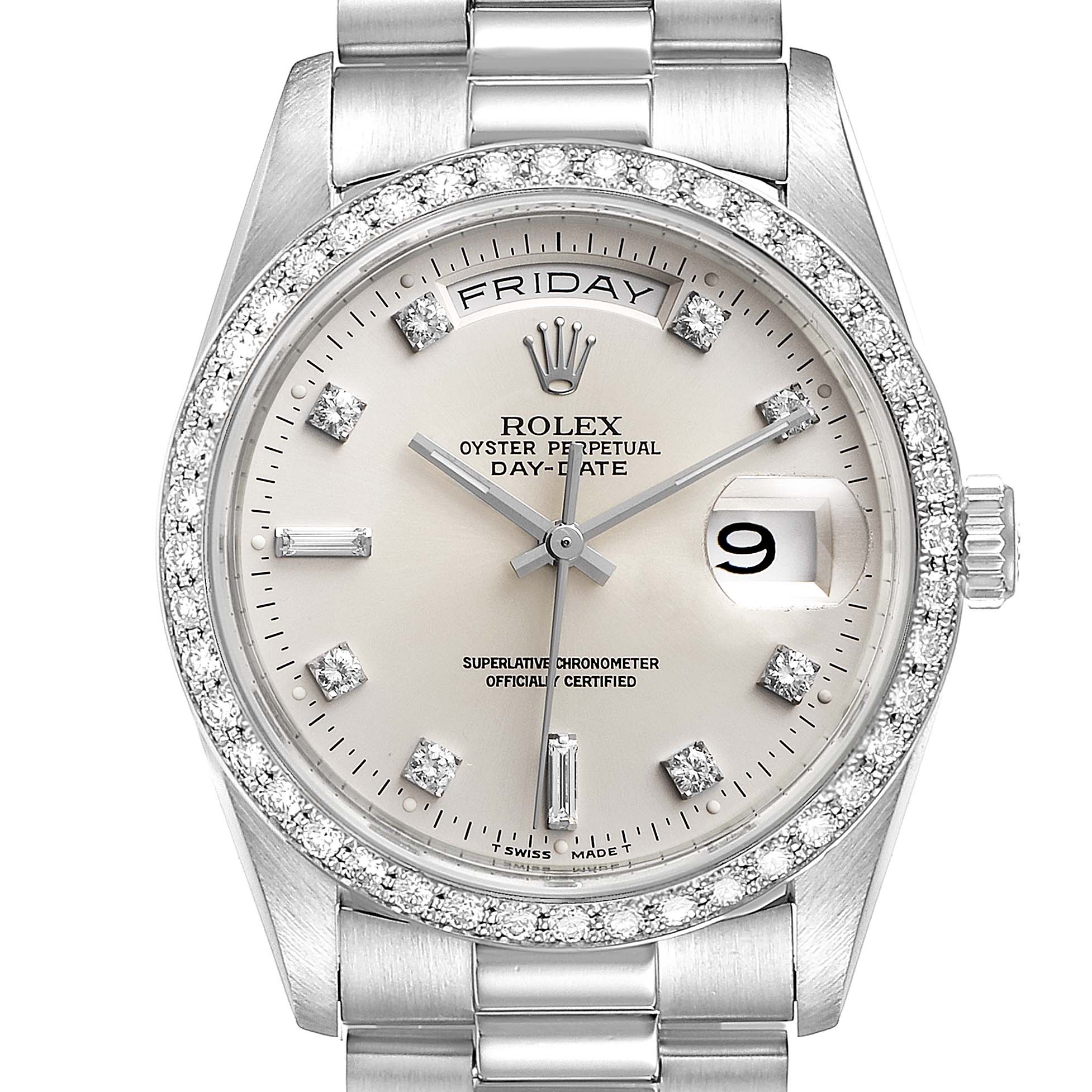 The image shows a frontal view of the Rolex President 18346 Men's Platinum Silver Dial 18346 Men's Platinum Silver Dial Day-Date watch, featuring a diamond bezel, silver dial, and day-date indicators.
