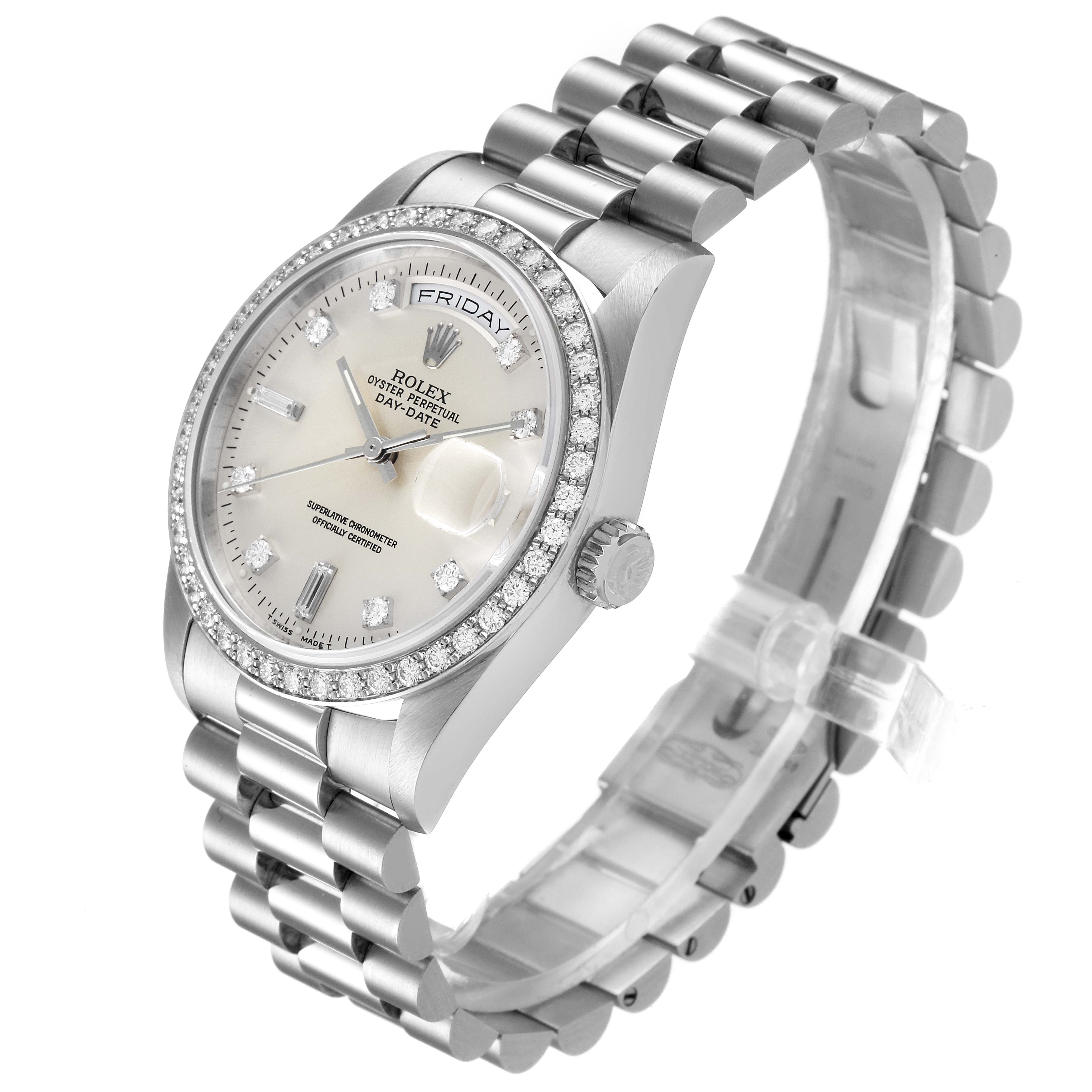 The image shows a Rolex President 18346 Men's Platinum Silver Dial 18346 Men's Platinum Silver Dial model watch from a three-quarter angle, highlighting its bracelet, dial, and bezel.