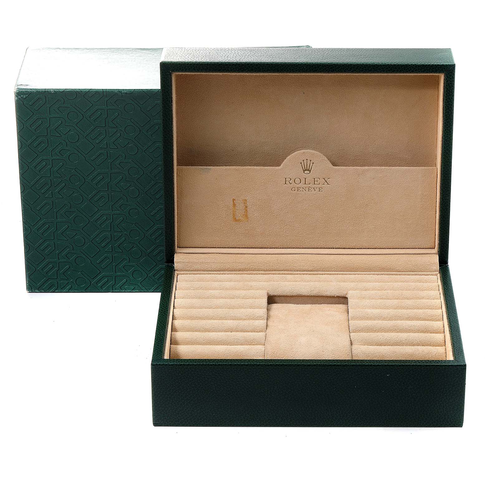 This image shows an open green box for a Rolex President 18346 Men's Platinum Silver Dial 18346 Men's Platinum Silver Dial model watch, displaying the interior compartments for storing the watch and accessories.