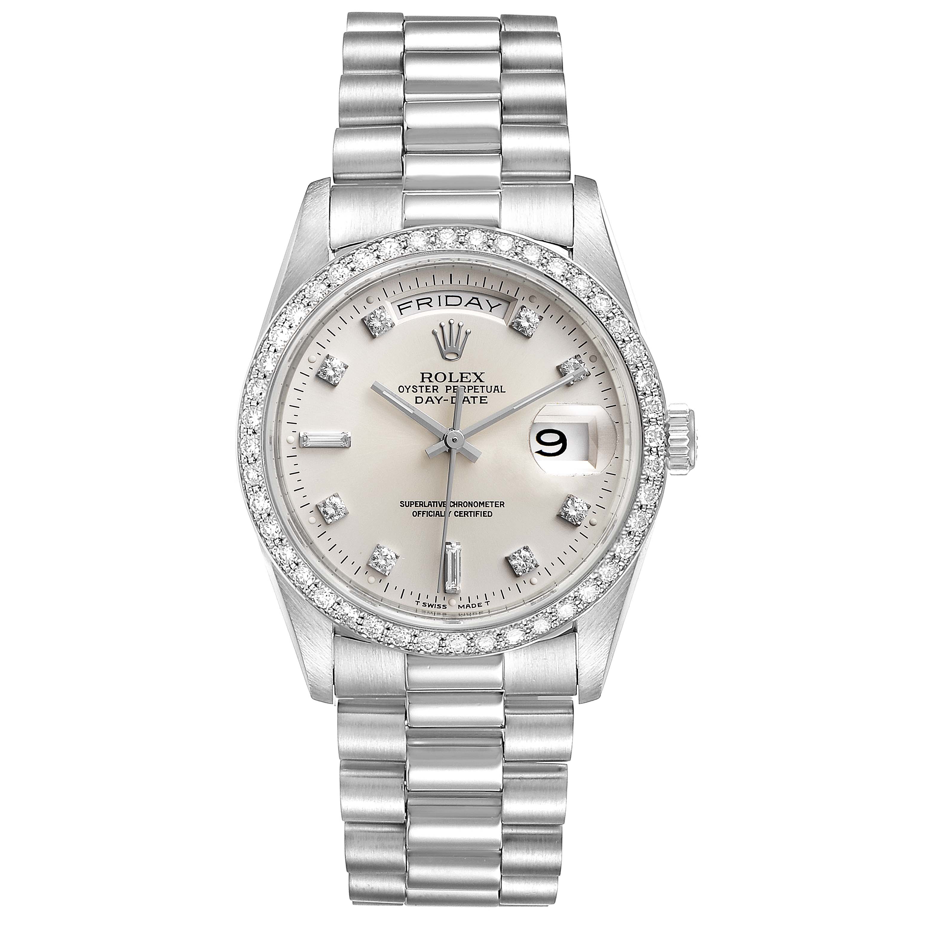 This is a front view of the Rolex President 18346 Men's Platinum Silver Dial 18346 Men's Platinum Silver Dial model, showing the dial, bezel, and bracelet.