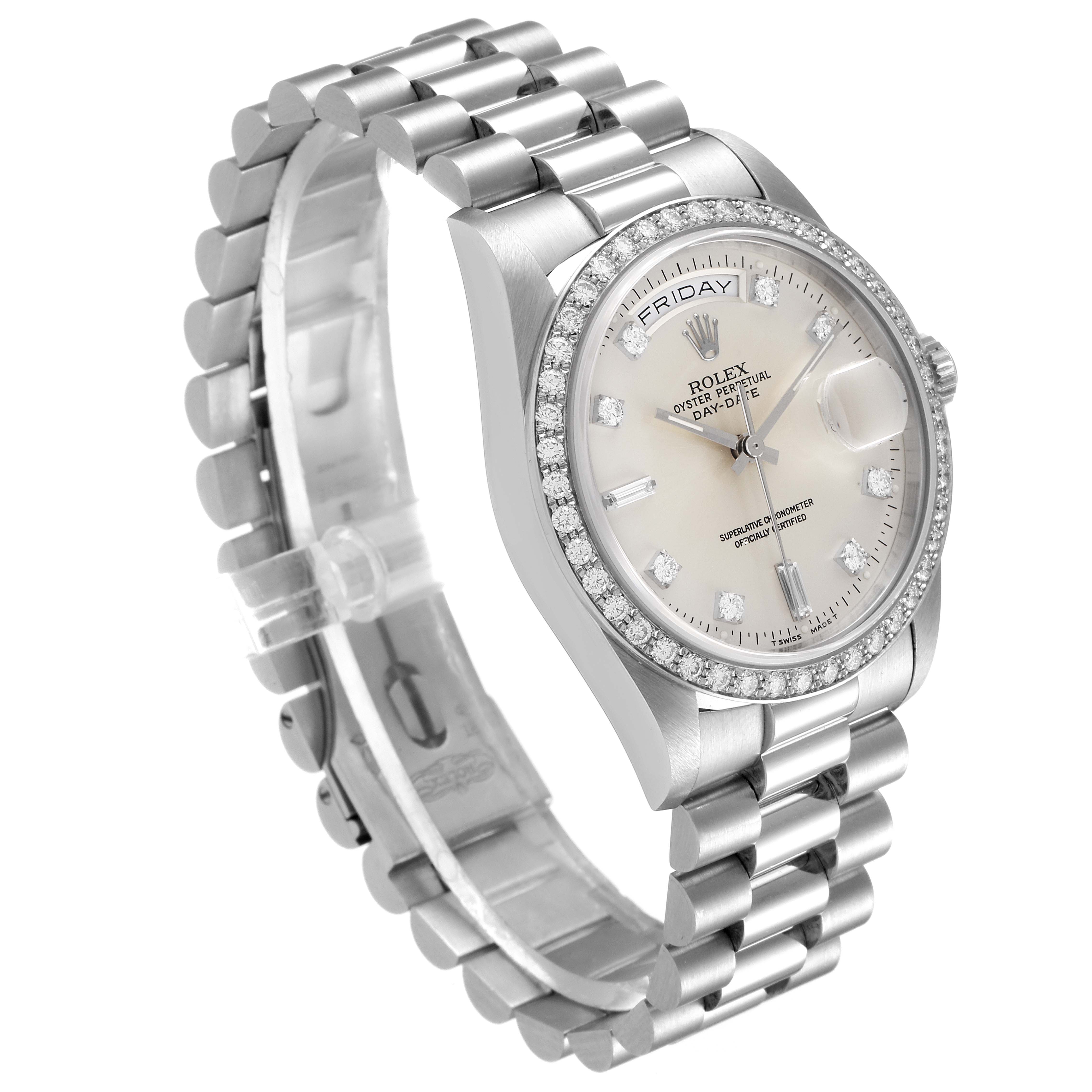The image shows a Rolex President 18346 Men's Platinum Silver Dial 18346 Men's Platinum Silver Dial model watch at a three-quarter angle, displaying the dial, bezel, and bracelet.