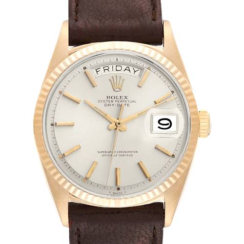 The Rolex Vintage Collection model is shown head-on, featuring the face, bezel, and part of the leather strap.