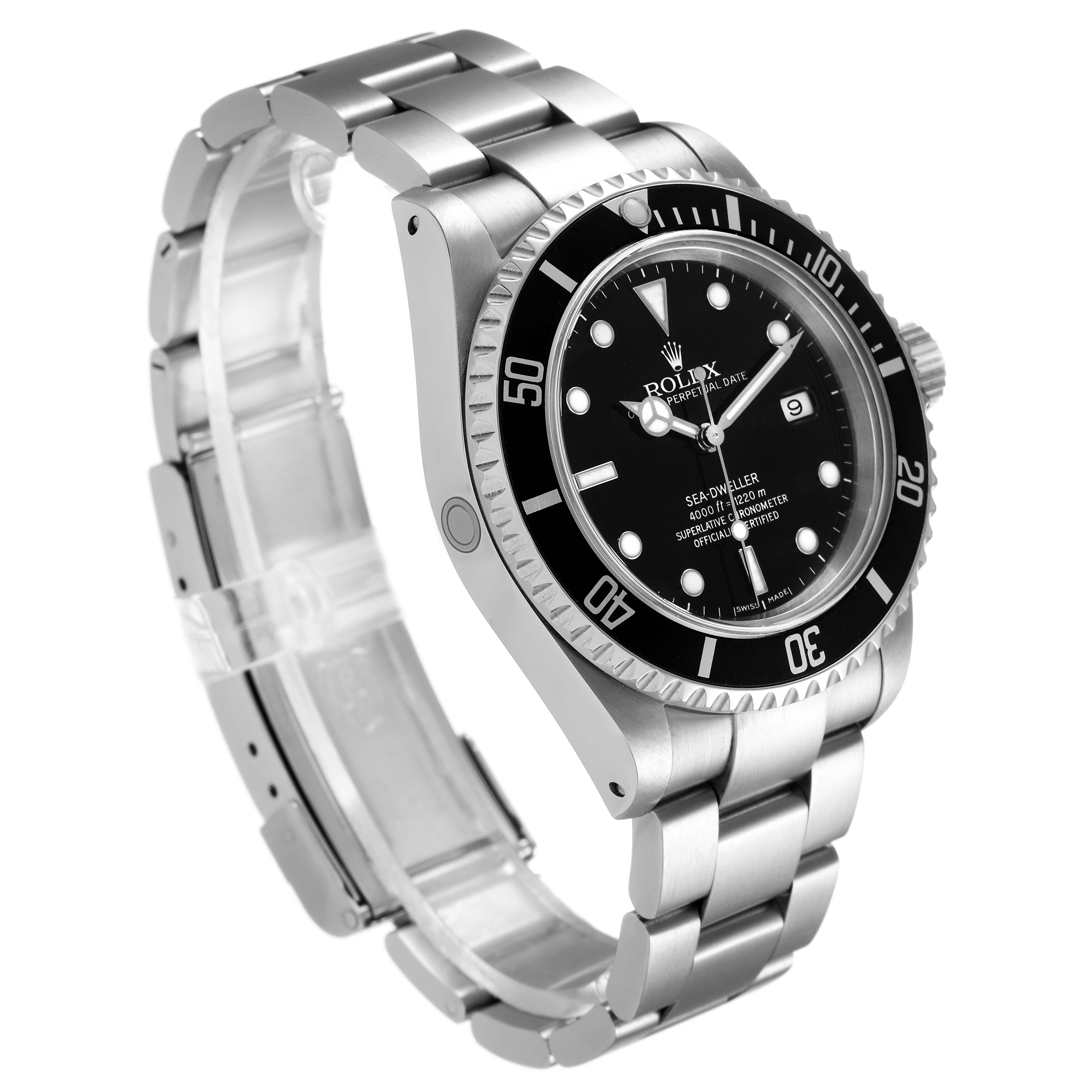 The image shows a Rolex Sea-Dweller 16600 Men
s Stainless Steel Black Dial 16600 Men
s Stainless Steel Black Dial watch at a three-quarter angle, highlighting the face, bezel, and bracelet.