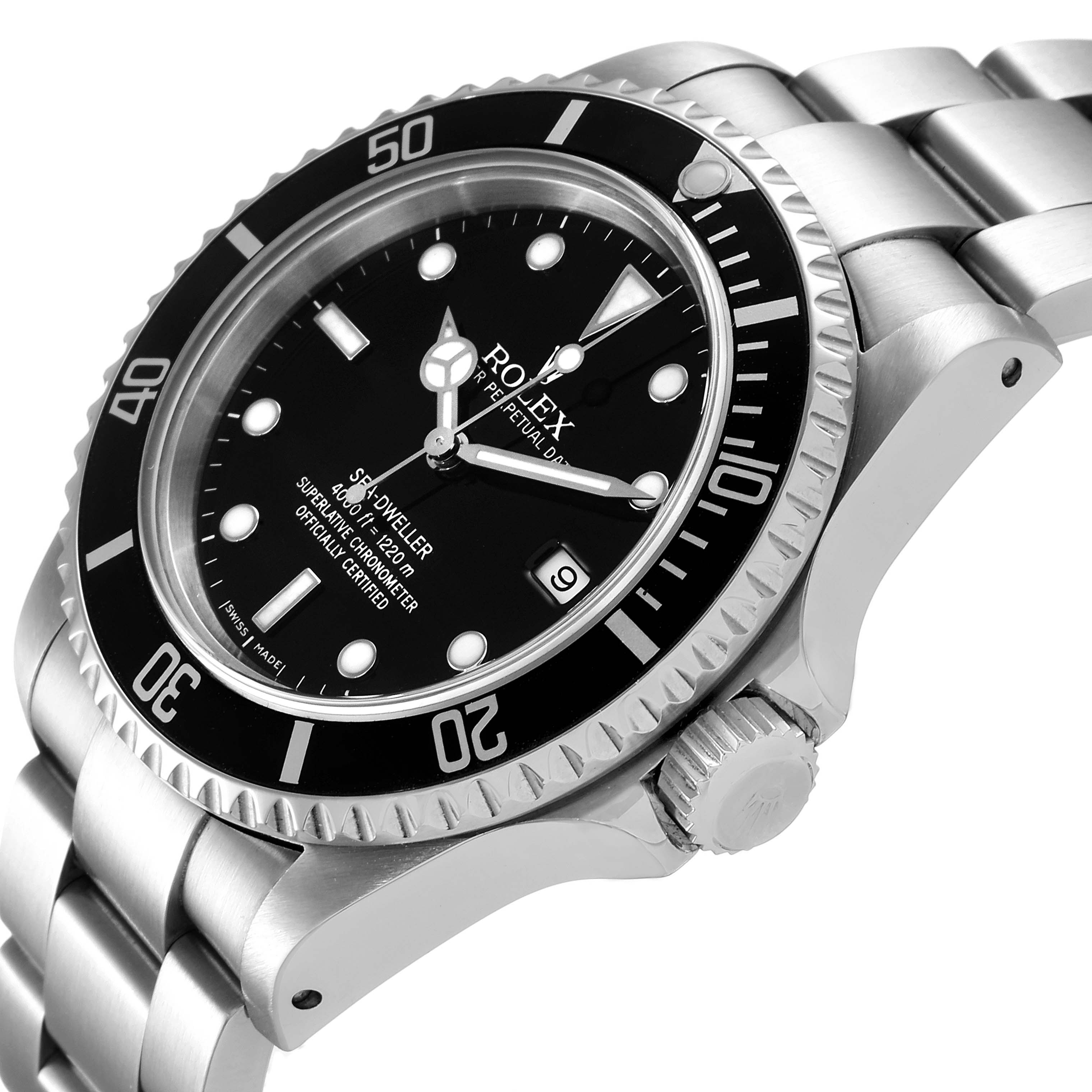 The image shows a side angle of the Rolex Sea-Dweller 16600 Men
s Stainless Steel Black Dial 16600 Men
s Stainless Steel Black Dial watch, highlighting its bezel, dial, crown, and bracelet.