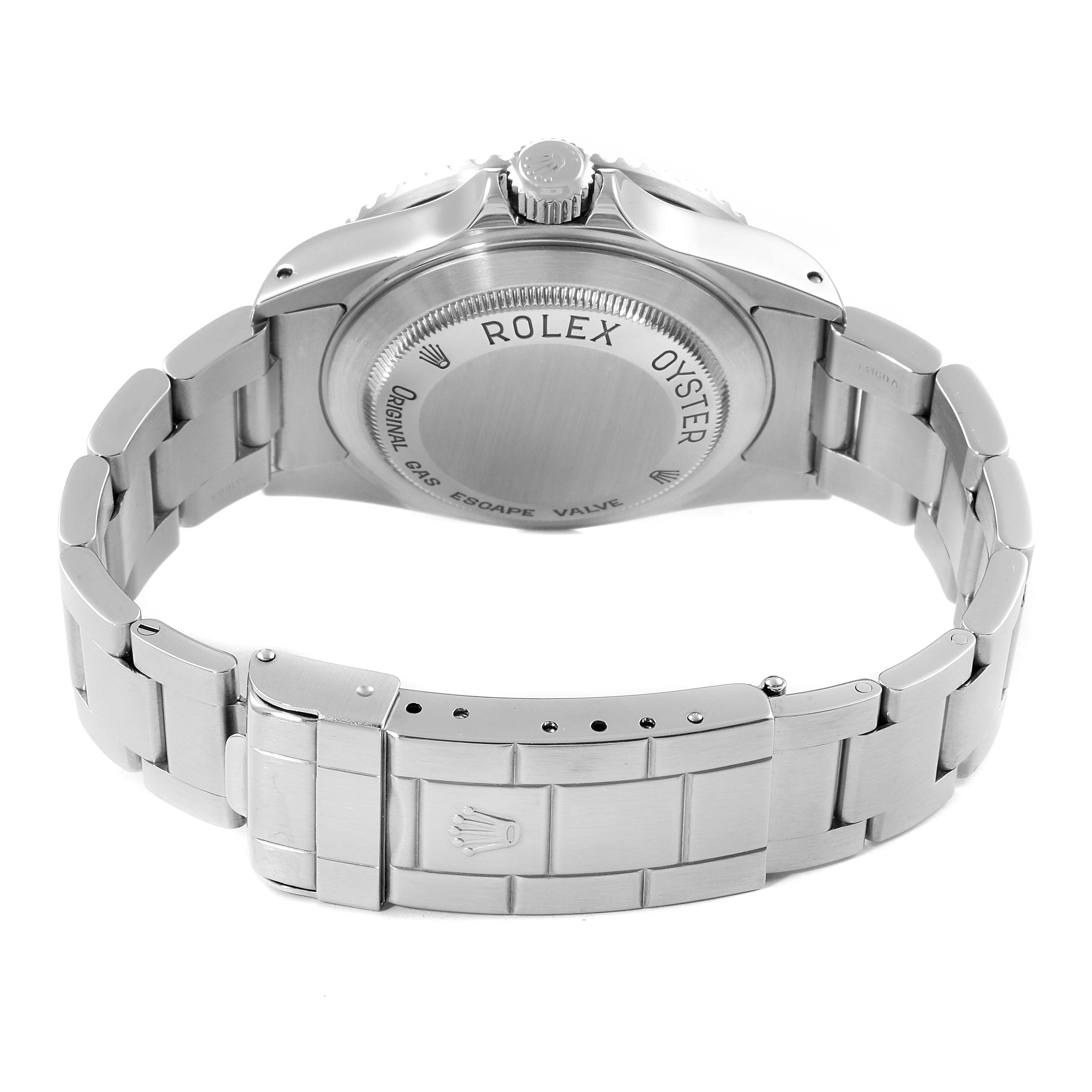 The image shows the back view of a Rolex Sea-Dweller 16600 Men
s Stainless Steel Black Dial 16600 Men
s Stainless Steel Black Dial watch, highlighting its case back, crown, and metal bracelet clasp.