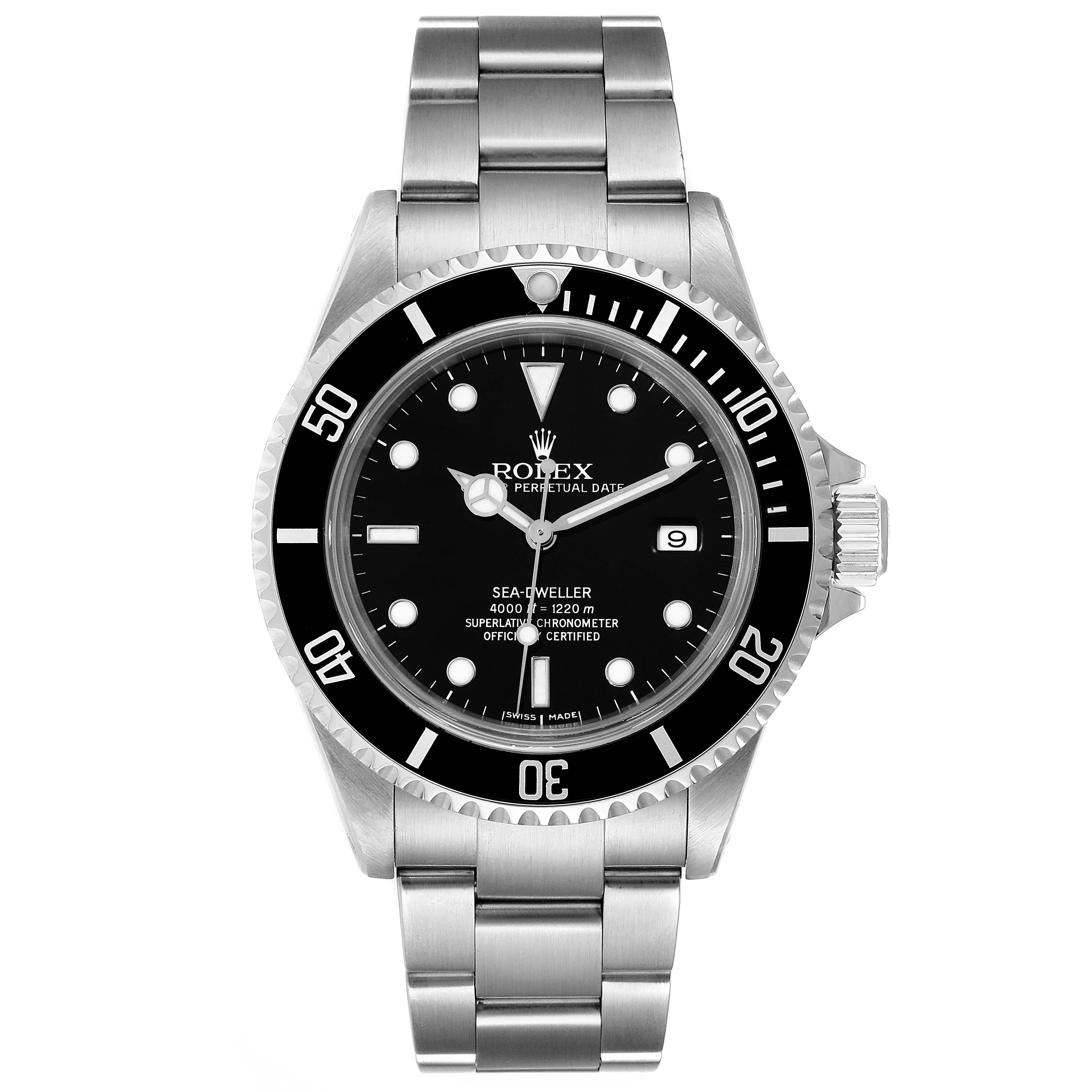 This image shows a front view of the Rolex Sea-Dweller 16600 Men
s Stainless Steel Black Dial 16600 Men
s Stainless Steel Black Dial watch, showcasing its dial, bezel, crown, and bracelet.