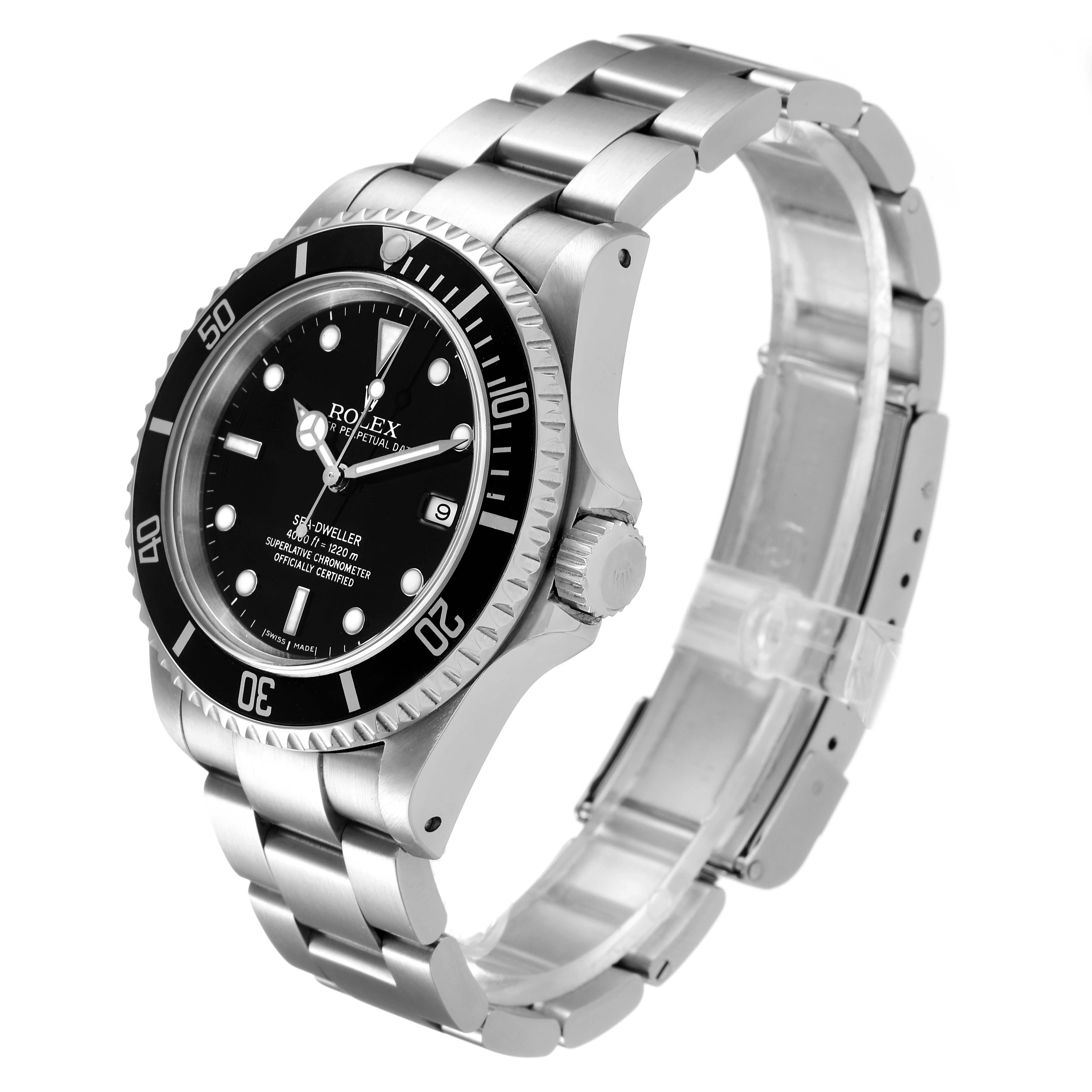 This Rolex Sea-Dweller 16600 Men
s Stainless Steel Black Dial 16600 Men
s Stainless Steel Black Dial watch is shown from an angled perspective, highlighting the face, bezel, crown, and stainless steel bracelet.