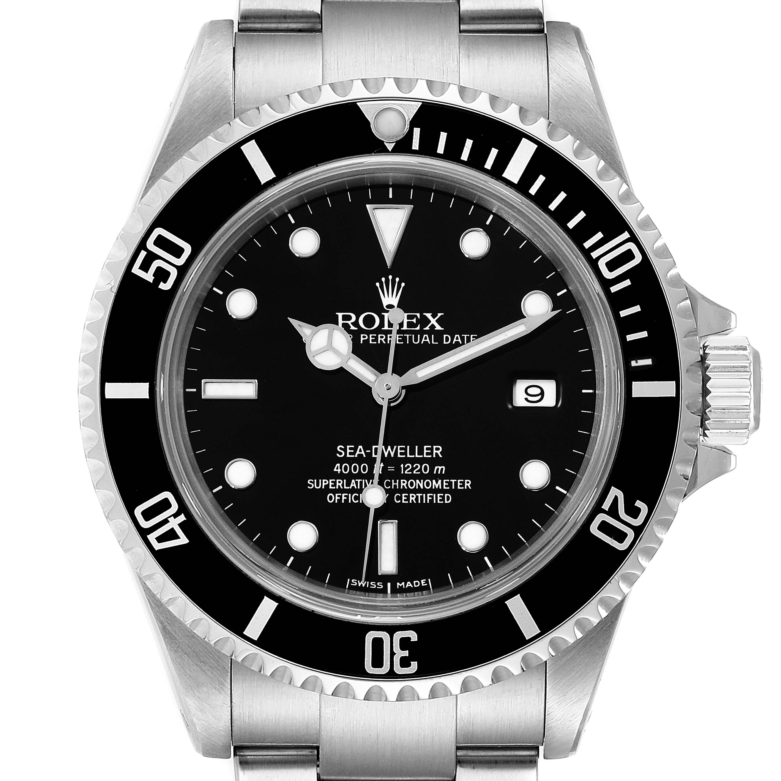 This image shows a front view of a Rolex Sea-Dweller 16600 Men
s Stainless Steel Black Dial 16600 Men
s Stainless Steel Black Dial watch, highlighting the black dial, bezel, and stainless steel case and bracelet.