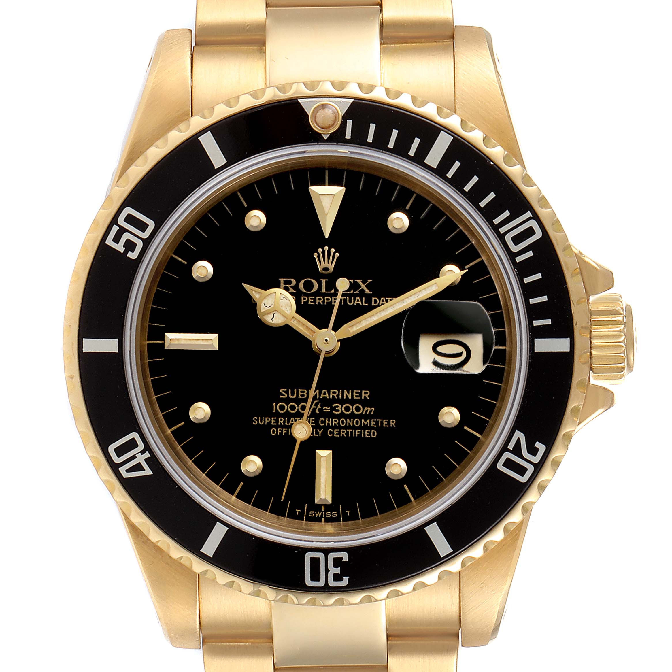 This is a front view of a Rolex Submariner 16808 Men's Yellow Gold Black Dial 16808 Men's Yellow Gold Black Dial watch, showing the watch face, bezel, date window, and part of the bracelet.