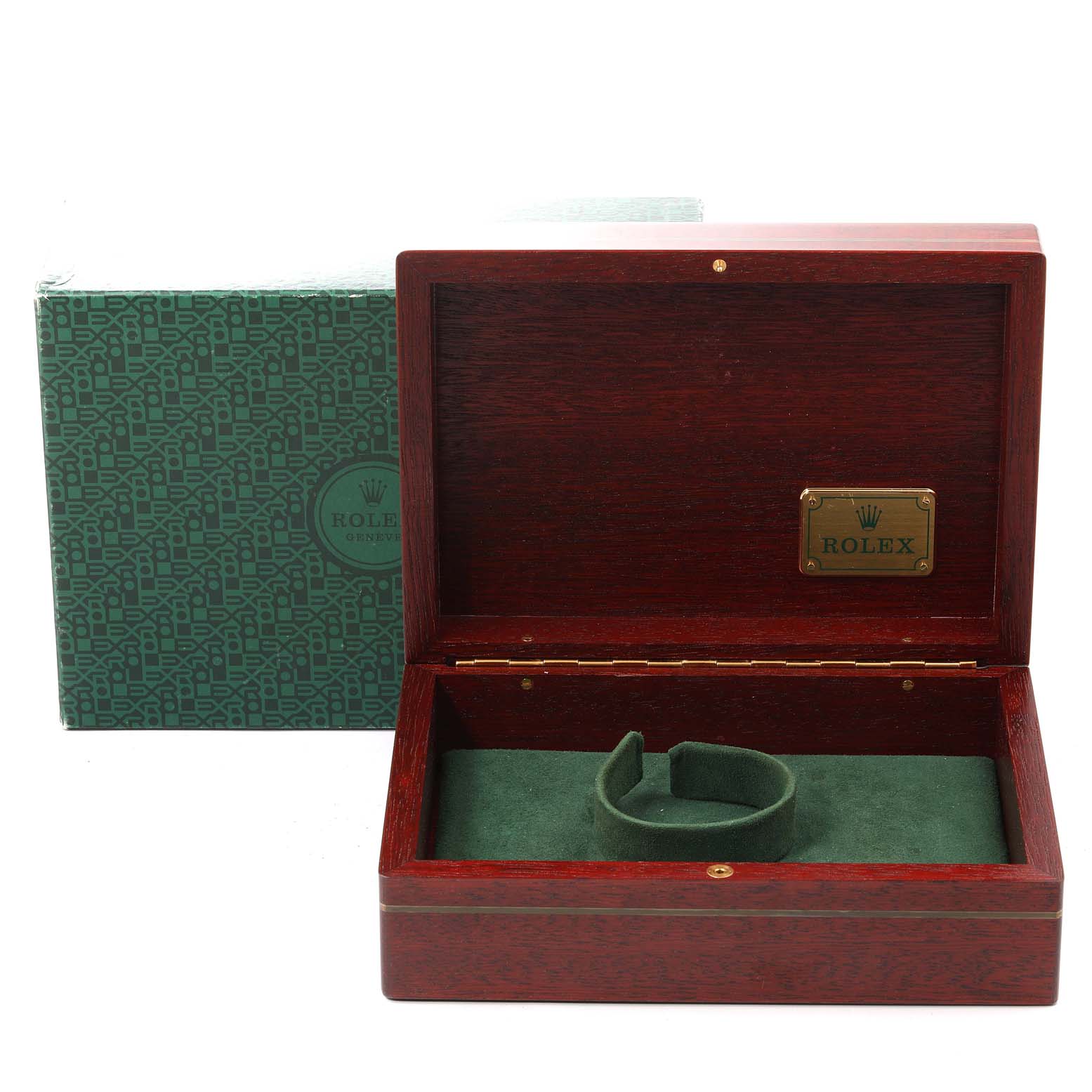 The image shows a green Rolex box and an open wooden case for a Rolex Submariner 16808 Men's Yellow Gold Black Dial 16808 Men's Yellow Gold Black Dial watch.