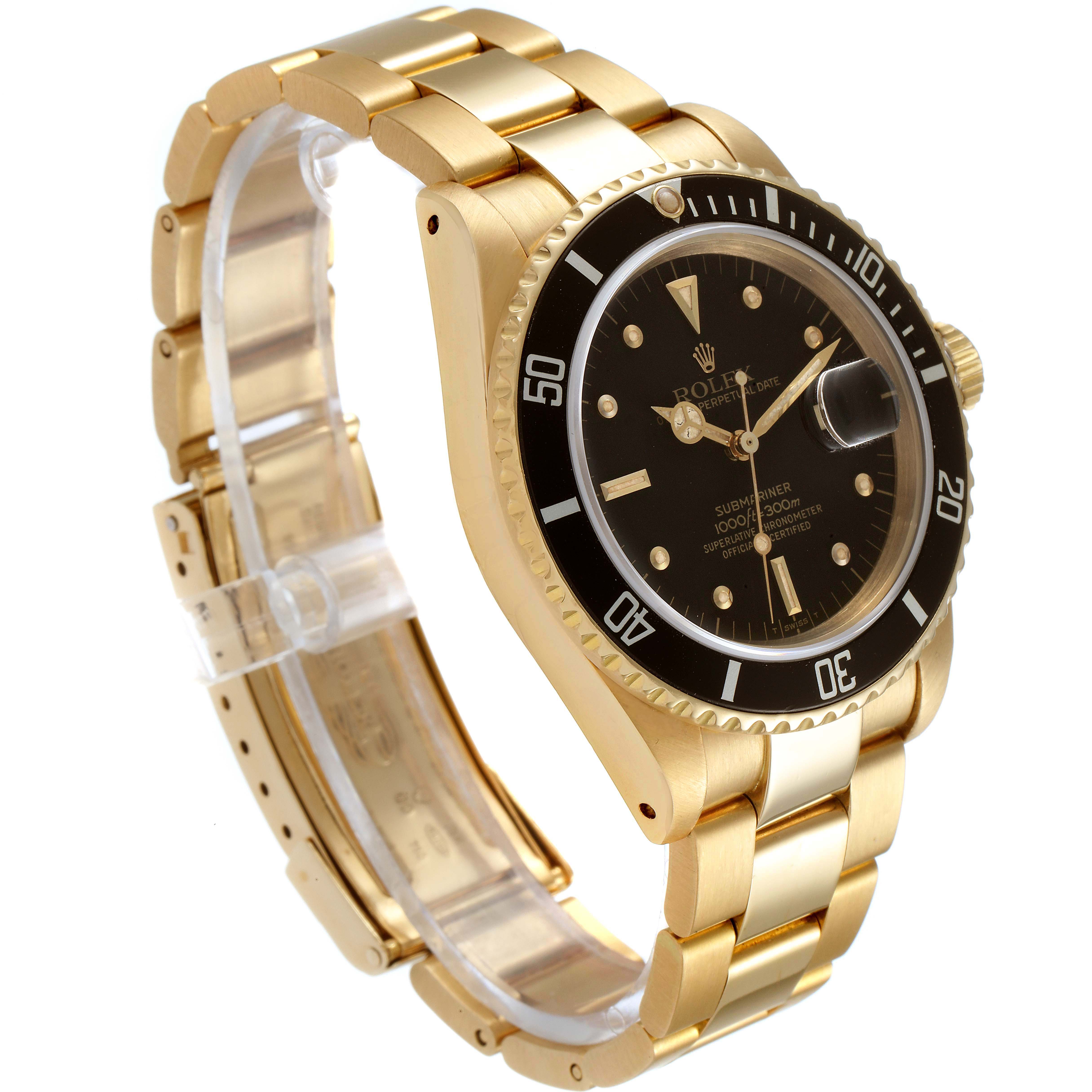 This image shows a side and front angle of a Rolex Submariner 16808 Men's Yellow Gold Black Dial 16808 Men's Yellow Gold Black Dial watch, highlighting the band, bezel, and crown.
