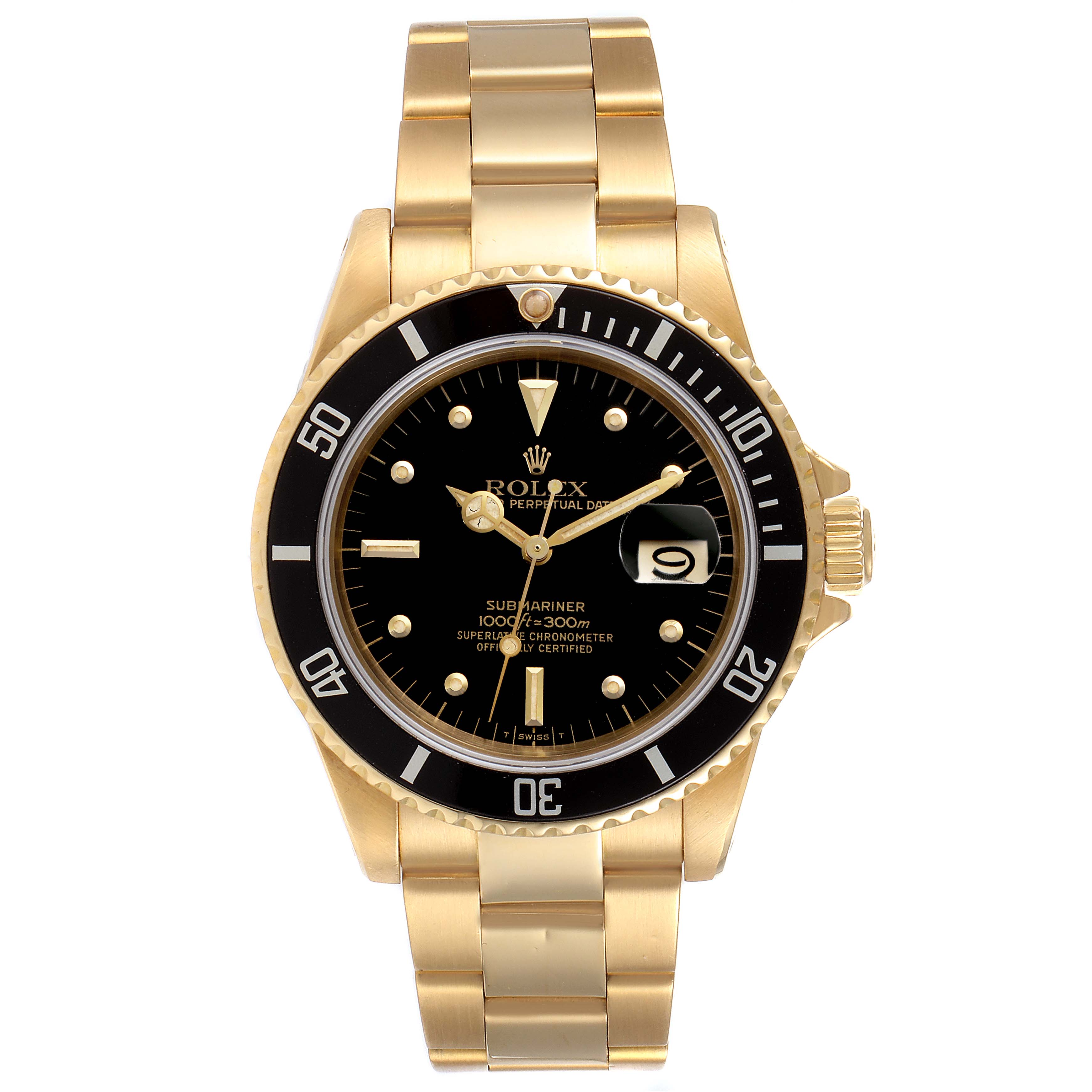 This is a front view of the Rolex Submariner 16808 Men's Yellow Gold Black Dial 16808 Men's Yellow Gold Black Dial showing its gold bracelet, black dial, rotating bezel, and date window.