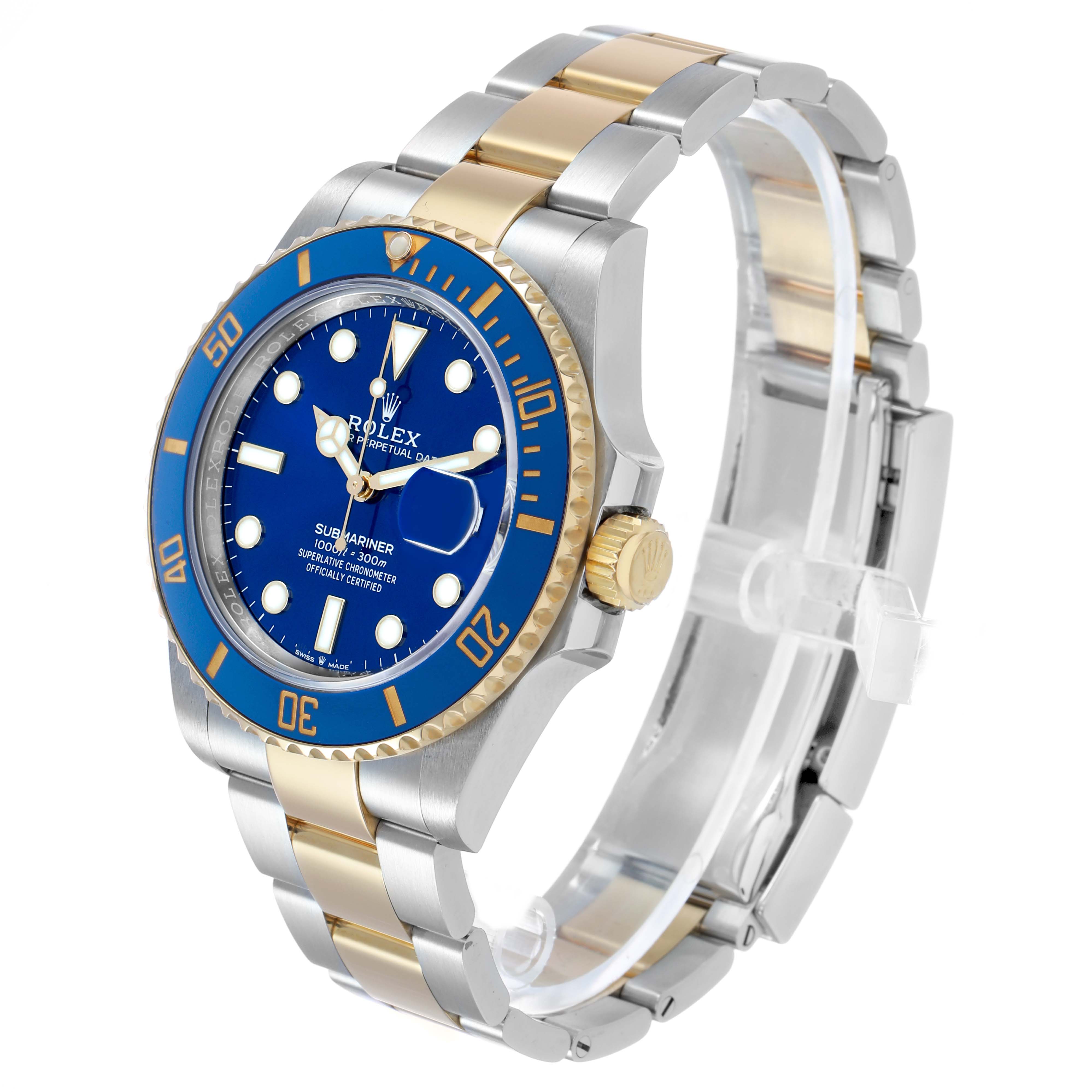 The Rolex Submariner M126613LB-0002 Men's Stainless Steel Blue Dial watch is shown at an angled side view, highlighting the blue bezel, dial, bi-metal bracelet, and crown.
