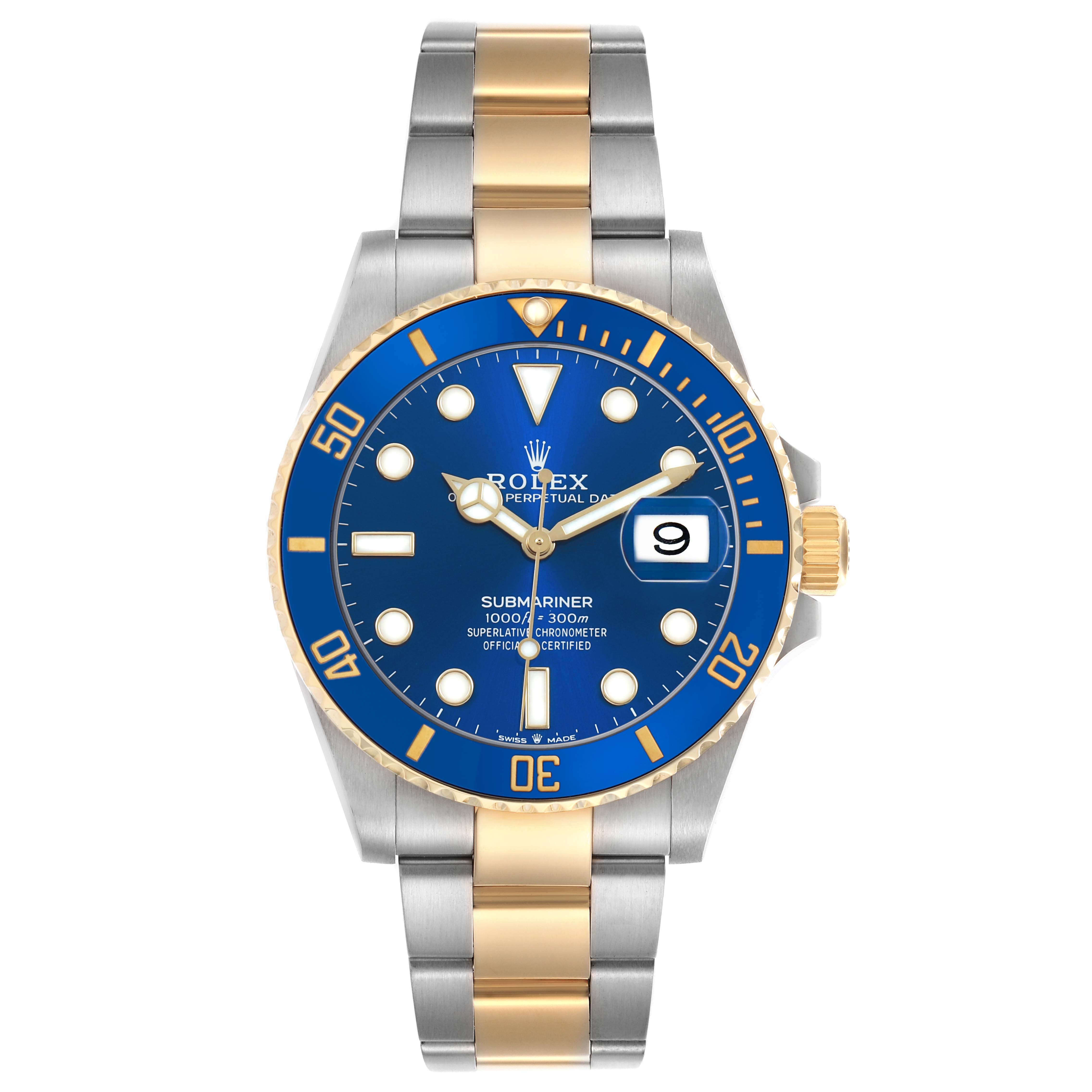 The image shows a frontal view of a Rolex Submariner M126613LB-0002 Men's Stainless Steel Blue Dial watch, highlighting the blue dial, bezel, and two-tone bracelet.
